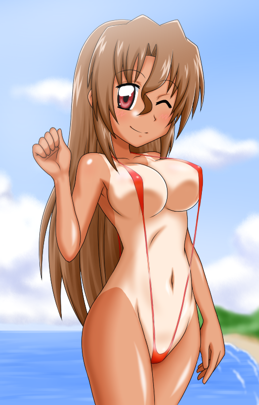 1girl areola_slip beach breasts brown_hair cloud covered_erect_nipples day goriate hayate_no_gotoku! large_breasts long_hair maria_(hayate_no_gotoku!) ocean one_eye_closed outdoors red_eyes sky slingshot_swimsuit smile solo swimsuit tan wink