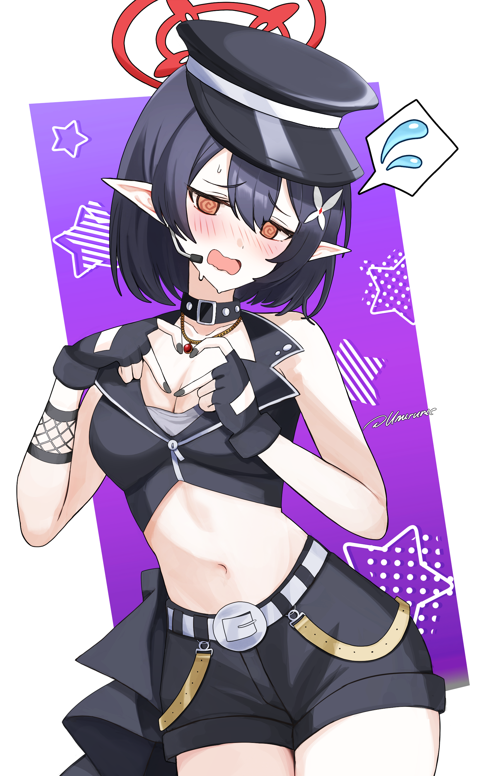 @_@ absurdres ayane_(blue_archive) ayane_(idol)_(blue_archive) belt belt_around_waist belt_collar black_shorts blue_archive blush choker collar commentary crop_top earpiece embarrassed english_commentary fingerless_gloves flying_sweatdrops four-finger_heart_hands gloves halo hat heart heart_hands highres idol idol_clothes mouthpiece navel no_eyewear official_alternate_costume peaked_cap pointy_ears red_halo short_hair shorts umirunie white_belt