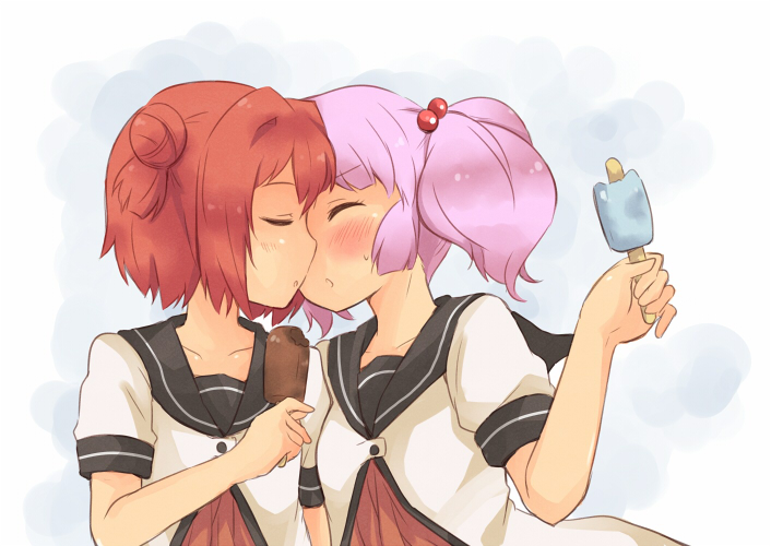 2girls akaza_akari altorealize blush couple double_bun dress food imminent_kiss multiple_girls pink_hair popsicle red_hair sailor_dress school_uniform serafuku short_twintails twintails yoshikawa_chinatsu yuri yuruyuri