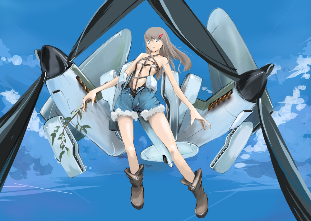 1girl aircraft airplane bare_shoulders blue_eyes boots branch breasts brown_hair cloud day de_havilland_mosquito female_focus hair_ornament leaf long_hair mecha_musume military nano_(nanosize) open_fly original personification propeller sky small_breasts solo unzipped world_war_ii