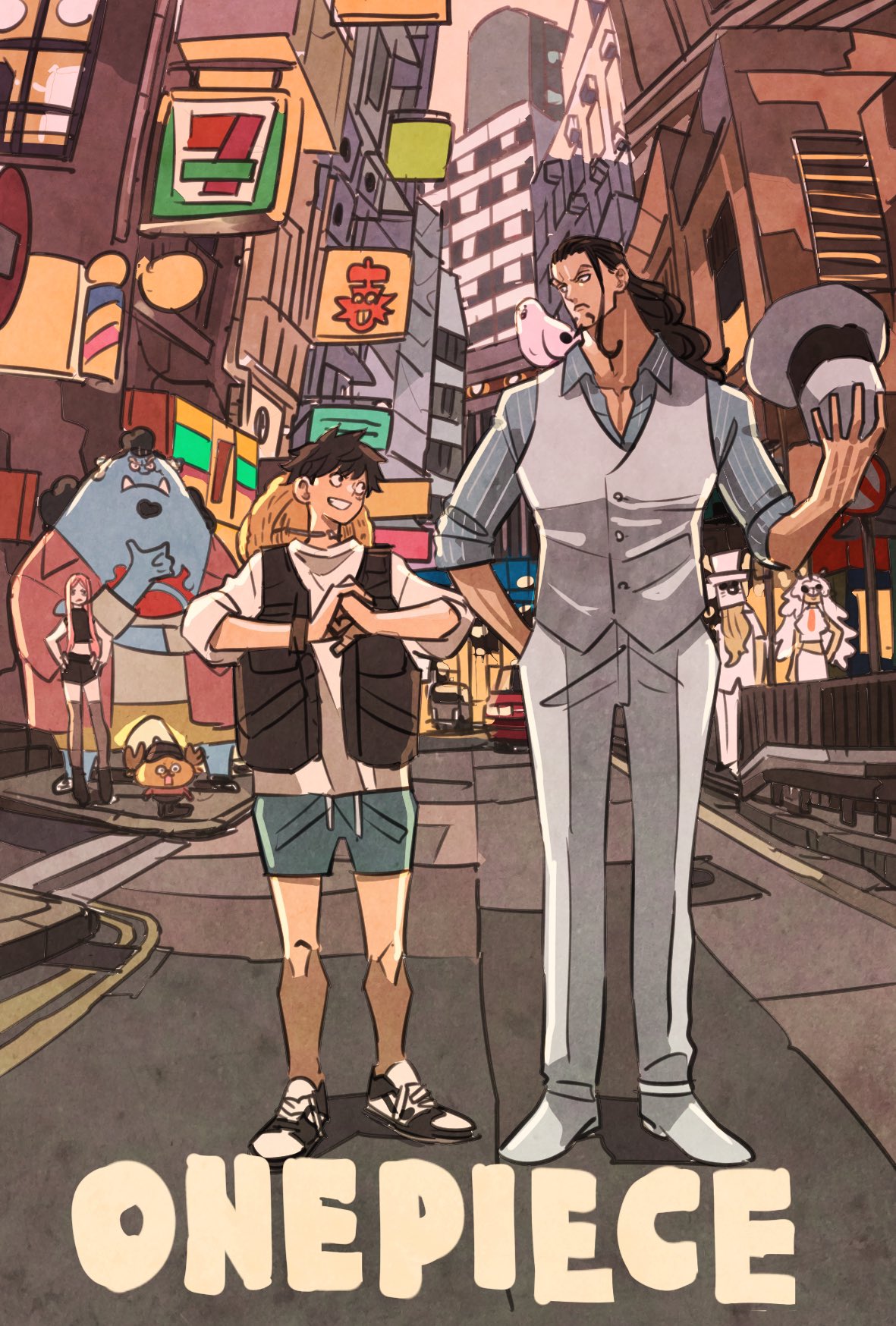 2girls 5boys 7-eleven antlers bird black_hair black_vest blue_shorts blue_skin car chest_tattoo city colored_skin commentary_request copyright_name dr._vegapunk facial_hair fish_boy full_body goatee hand_in_pocket hands_on_own_hips hat hattori_(one_piece) highres holding holding_unworn_clothes holding_unworn_hat horns jewelry_bonney jinbe_(one_piece) kaku_(one_piece) long_hair mask monkey_d._luffy motor_vehicle multiple_boys multiple_girls necktie one_piece orange_necktie pigeon pink_hair ponytail reindeer_antlers rob_lucci shirt short_hair shorts sidelocks straw_hat striped_clothes striped_shirt stussy_(one_piece) sun_symbol sun_tattoo takeuchi_ryousuke tan tattoo tony_tony_chopper tusks unworn_hat unworn_headwear vertical-striped_clothes vertical-striped_shirt vest white_vest