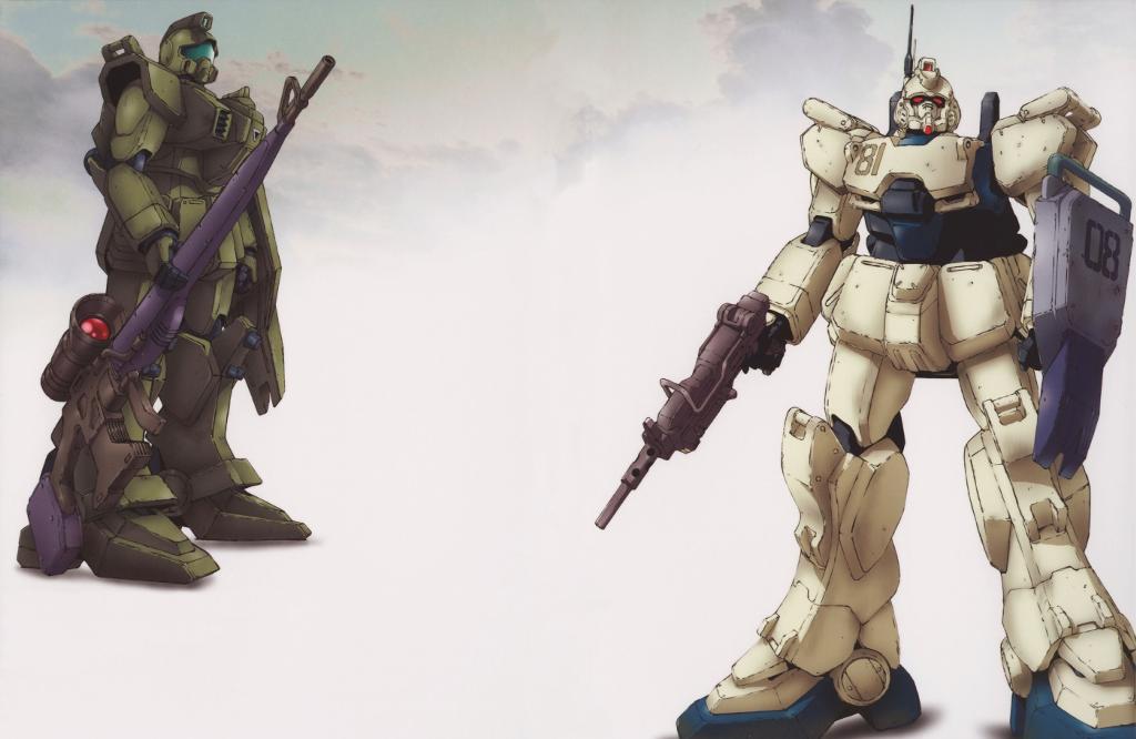 ez-8_gundam gm_(mobile_suit) gm_sniper ground_gm gun gundam gundam_08th_ms_team mecha rifle robot shield sniper_rifle weapon