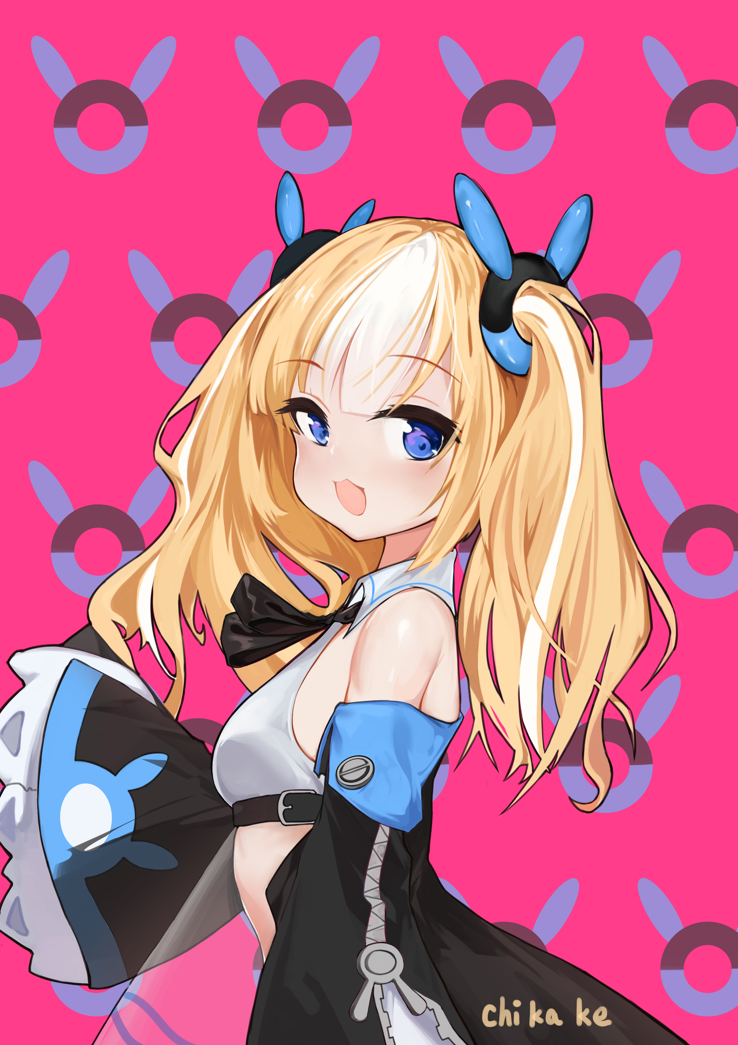 1girl absurdres artist_name azur_lane bare_shoulders black_ribbon blonde_hair blue_eyes breasts chikage_(artist) chinese_commentary collared_shirt commentary_request crop_top detached_sleeves from_side highres kalk_(azur_lane) long_sleeves looking_at_viewer medium_hair multicolored_hair neck_ribbon ribbon shirt sidelocks signature sleeves_past_fingers sleeves_past_wrists small_breasts solo standing stomach streaked_hair twintails upper_body white_hair wide_sleeves zipper zipper_pull_tab