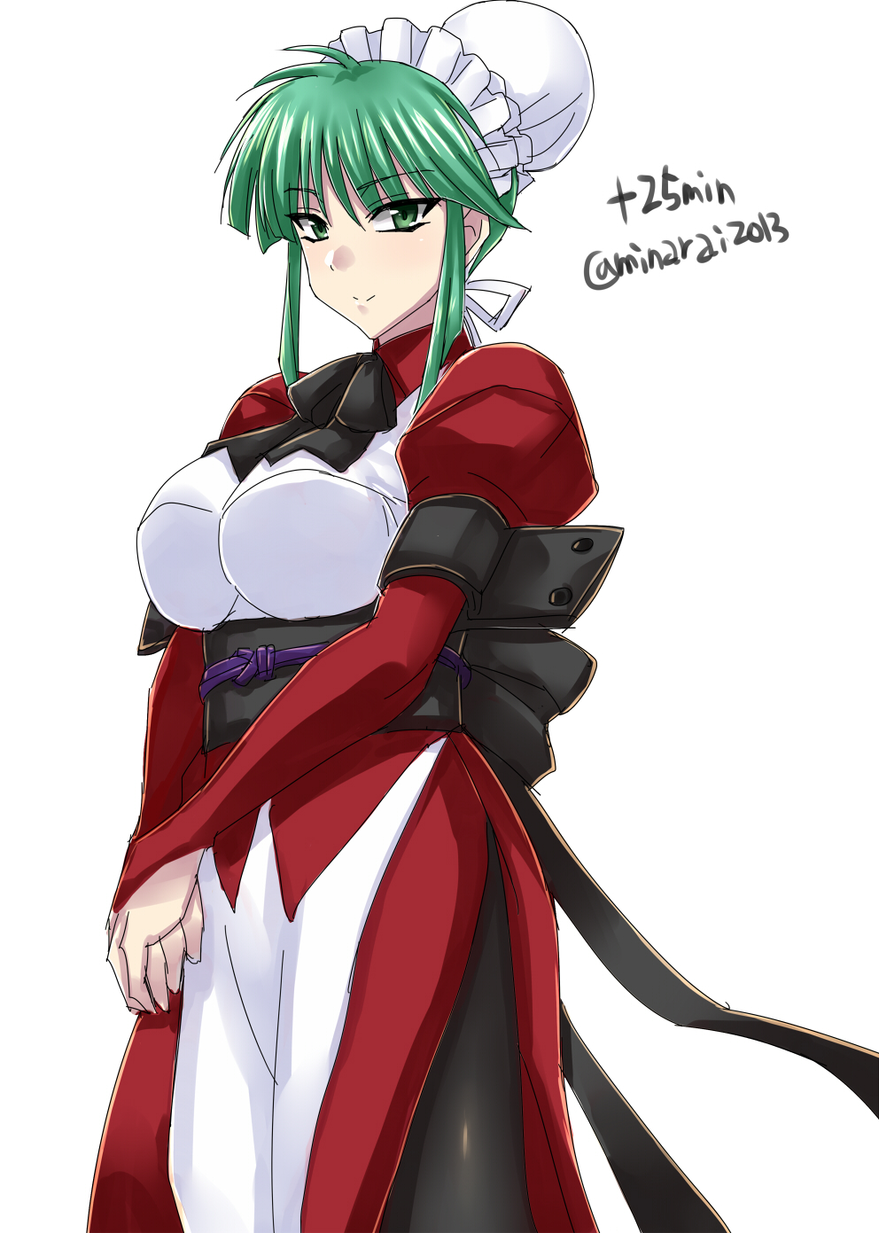 1girl ascot black_ascot black_pantyhose breasts bun_cover dress green_eyes green_hair highres juliet_sleeves large_breasts long_sleeves looking_at_viewer maid maid_headdress minarai muv-luv muv-luv_alternative obi own_hands_together pantyhose puffy_sleeves red_dress sash simple_background smile solo tsukuyomi_mana white_background