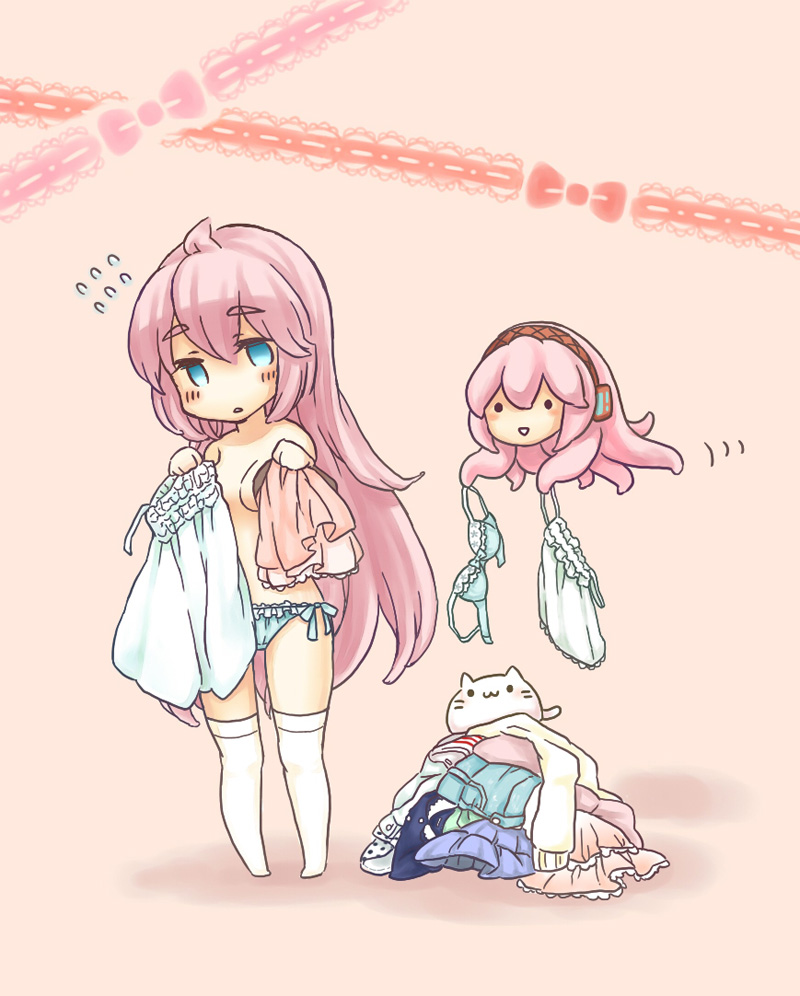 1girl blue_eyes blush bra camisole censored convenient_censoring dress female_focus lingerie long_hair megurine_luka panties pink_hair sasanoneko shorts side-tie_panties skirt solo takoluka thighhighs toeto_(vocaloid) topless_female underwear underwear_only unworn_bra unworn_dress unworn_shorts unworn_skirt vocaloid