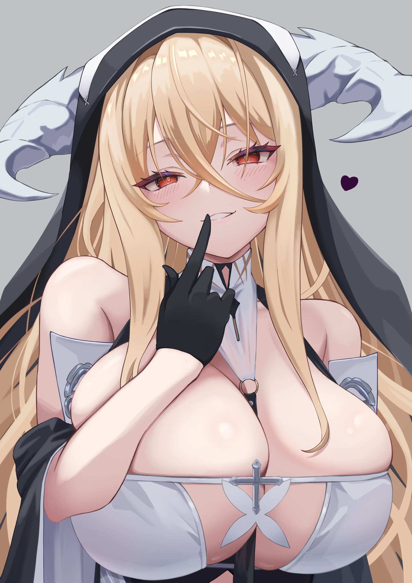 1girl azur_lane between_breasts black_gloves blonde_hair blush breasts cleavage fake_horns gloves grey_background highres horns huge_breasts implacable_(azur_lane) long_hair looking_at_viewer red_eyes rizzy simple_background solo upper_body veil