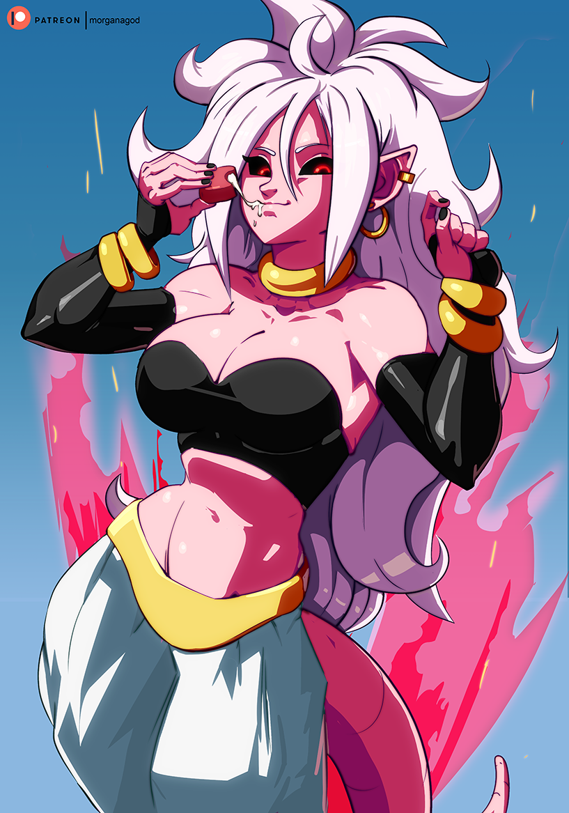 1girl android_21 arm_warmers baggy_pants bandeau black_nails black_sclera bracelet breasts cleavage colored_sclera colored_skin cream dragon_ball dragon_ball_fighterz ear_piercing earrings female_focus food harem_pants hoop_earrings jewelry large_breasts long_hair looking_at_viewer majin_android_21 morganagod nail_polish navel pants patreon_username piercing pink_skin pointy_ears smile solo spoilers stomach tail white_hair