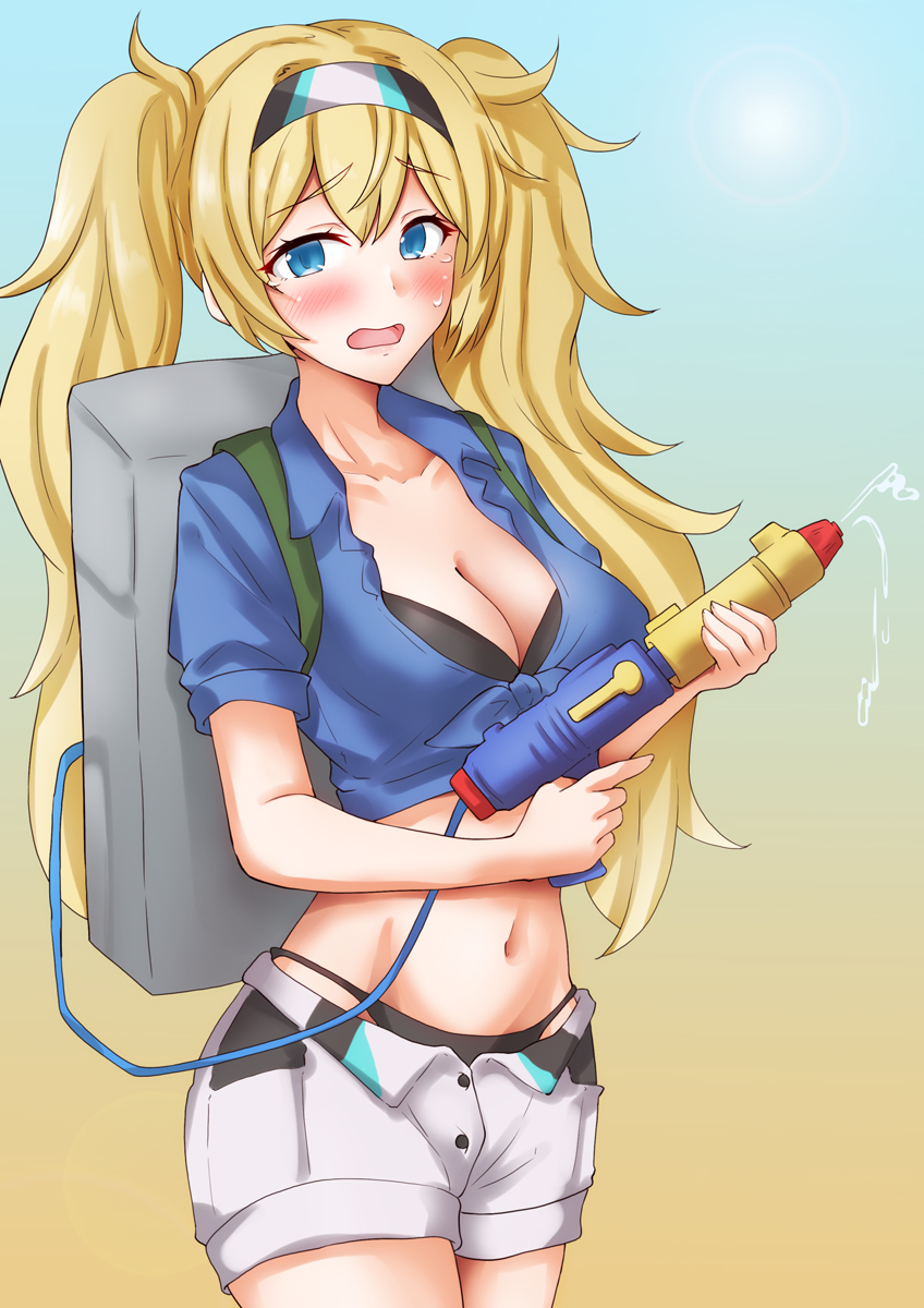 1girl anti_(untea9) backpack bag bikini bikini_under_clothes black_bikini blonde_hair blue_eyes blue_shirt breasts dress_shirt gambier_bay_(kancolle) gambier_bay_(summer)_(kancolle) gradient_background hairband highres kantai_collection large_breasts long_hair looking_at_viewer multicolored_hairband open_mouth shirt shorts solo swimsuit tied_shirt twintails water_gun white_shorts
