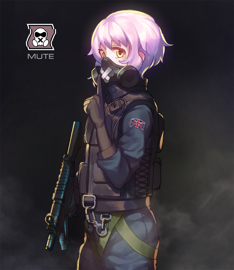 1girl bandages cosplay female_focus finger_to_mouth gas_mask genderswap genderswap_(mtf) gloves gun h&amp;k_mp5k heckler_&amp;_koch icon_(computing) idolmaster idolmaster_million_live! looking_at_viewer makabe_mizuki mark_chandar mark_chandar_(cosplay) mask military military_uniform mugcan purple_hair rainbow_six_siege shushing solo submachine_gun union_jack vest weapon yellow_eyes