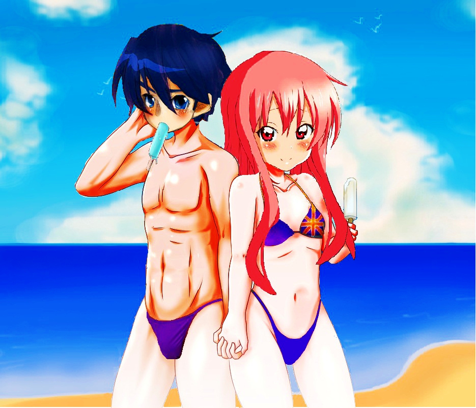 1boy 1girl beach bikini blue_eyes blue_hair blush breasts couple flag_print food hiraga_saito holding_hands long_hair looking_at_viewer louise_francoise_le_blanc_de_la_valliere muscular muscular_male navel ocean pink_eyes pink_hair popsicle short_hair small_breasts smile swimsuit thong_bikini water zero_no_tsukaima