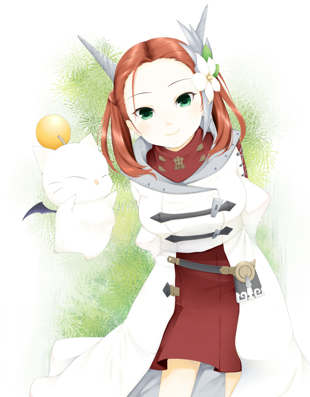 10s 1girl arms_behind_back bad_id bad_pixiv_id brown_hair dress final_fantasy final_fantasy_xiv flower green_eyes hair_flower hair_ornament highres horns padjal raya-o-senna short_hair umxzo