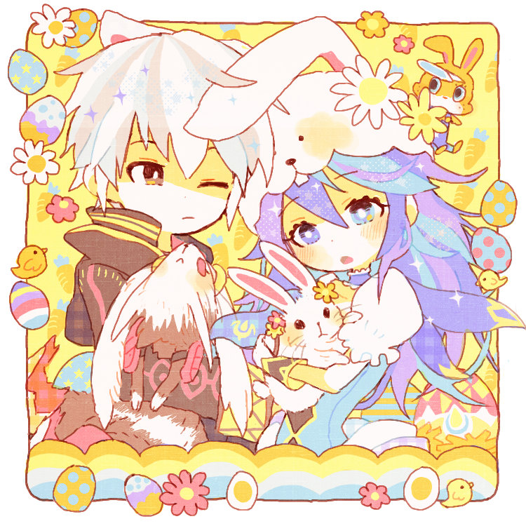 1boy 1girl animal animal_ears blue_eyes blue_hair blush cape chibi fake_animal_ears fire_emblem fire_emblem_awakening fire_emblem_heroes kappaman leotard long_hair looking_at_viewer lucina_(fire_emblem) lucina_(spring_exalt)_(fire_emblem) male_robin_(fire_emblem) nintendo official_alternate_costume playboy_bunny rabbit rabbit_ears short_hair white_hair