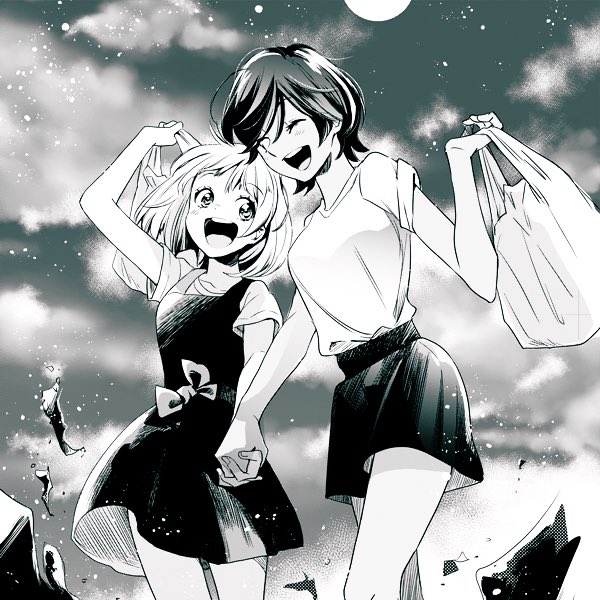 2girls asagao_to_kase-san bag bob_cut couple dress green_theme happy holding holding_bag holding_hands kase_tomoka medium_hair miniskirt monochrome multiple_girls official_art open_mouth pixie_cut plastic_bag shirt short_hair skirt smile t-shirt takashima_hiromi yamada_yui yuri