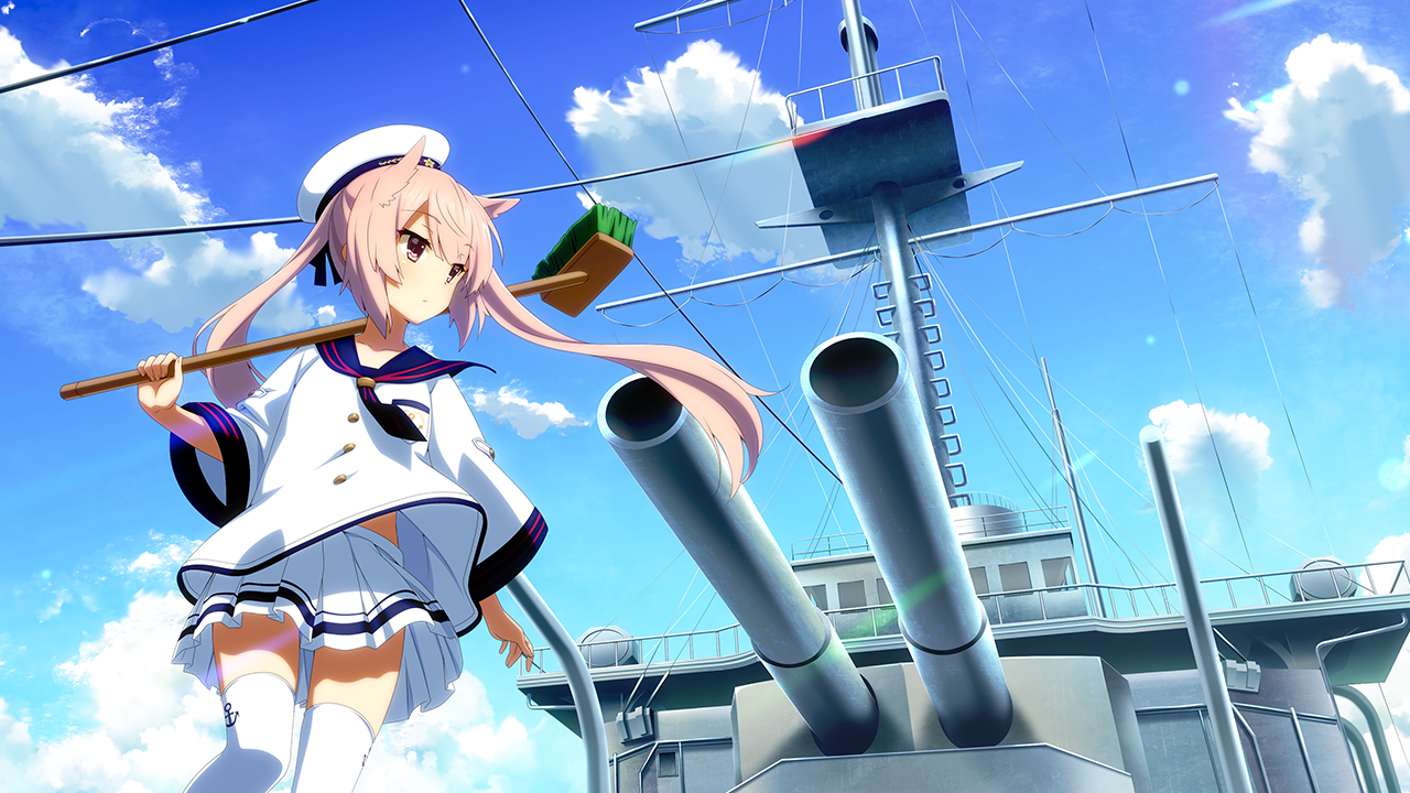 1girl anchor_symbol beret blue_neckerchief cleaning_brush closed_mouth cloud day game_cg hair_horns hat holding holding_brush long_hair long_sleeves mashiko_kaoru midriff_peek neckerchief official_art outdoors pink_hair pleated_skirt purple_eyes sailor_collar sailor_shirt ship ship_turret shirt skirt sky solo thighhighs toji_no_miko toji_no_miko:_kizamishi_issen_no_tomoshibi twintails watercraft white_hat white_shirt white_skirt white_thighhighs wide_sleeves zettai_ryouiki