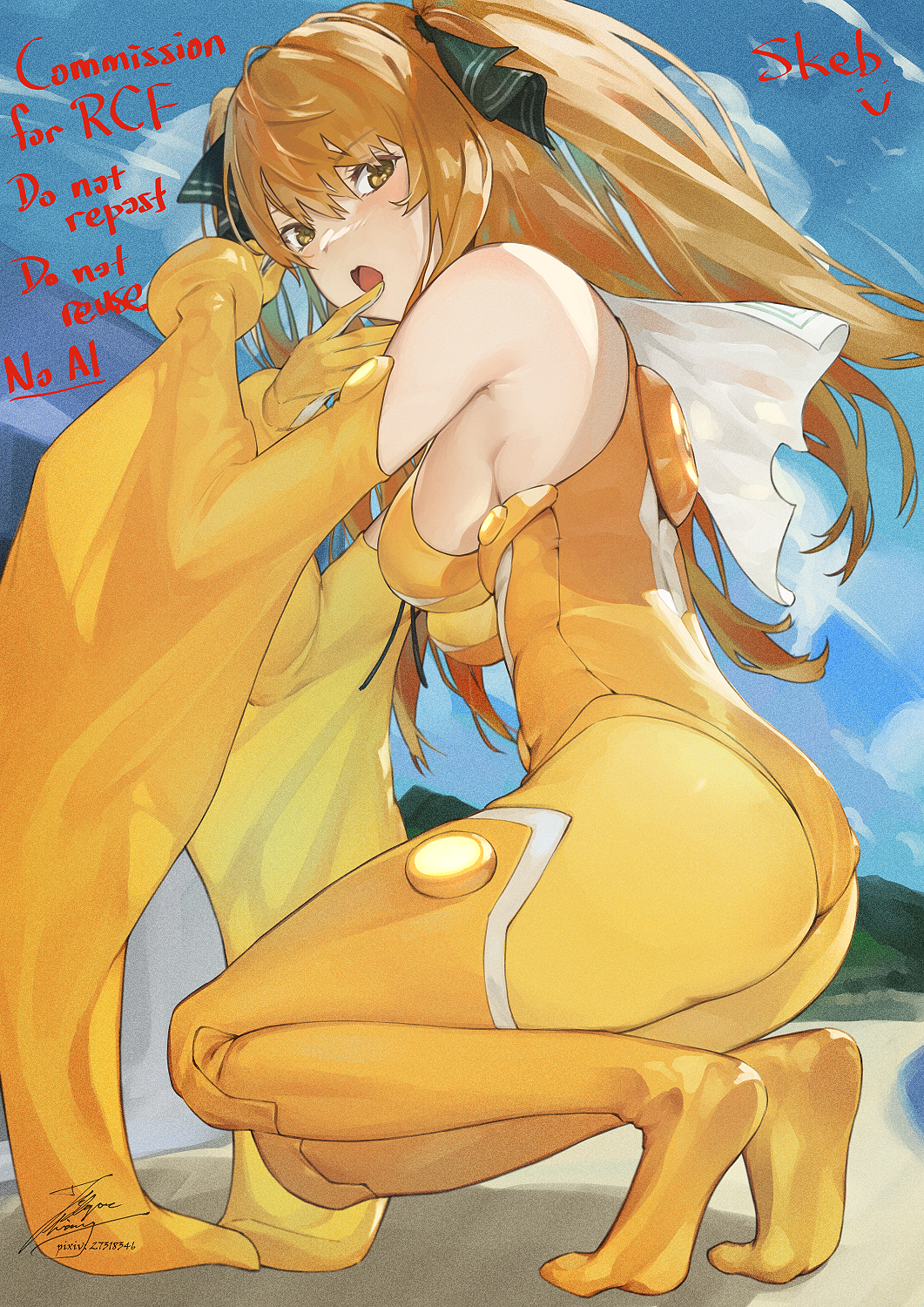 1girl ao_no_kanata_no_four_rhythm blue_sky breasts cloud commentary_request commission day detached_sleeves english_text fadingz gloves green_ribbon hair_ribbon highres long_hair looking_at_viewer medium_breasts open_mouth orange_hair orange_sleeves orange_thighhighs outdoors ribbon satouin_reiko skeb_commission sky solo squatting thighhighs wide_sleeves yellow_eyes yellow_gloves