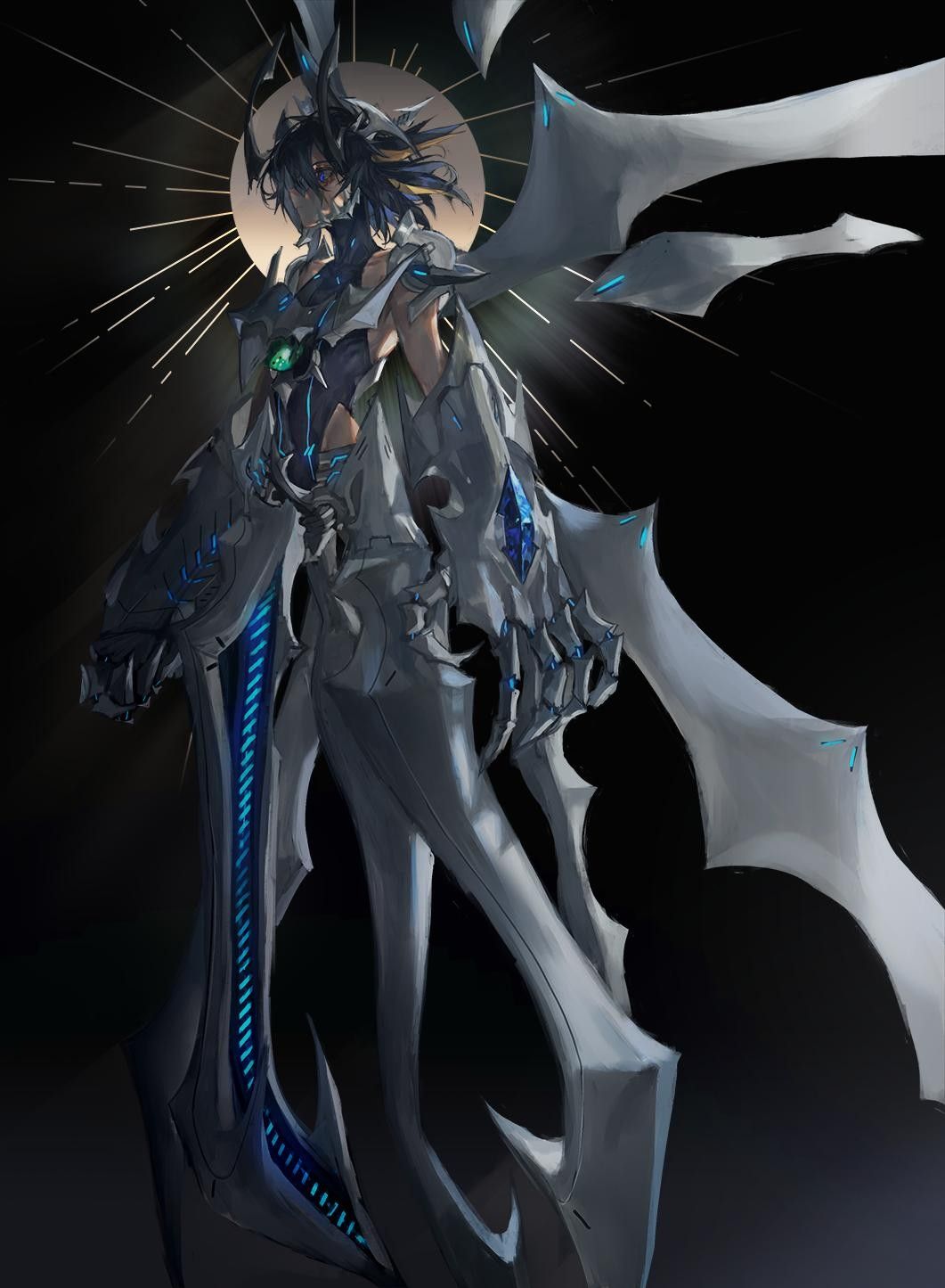 1boy black_background black_hair blue_eyes dragon_claw dragon_horns dragon_mask dragon_tail dragon_wings fudo_yusei fusion halo highres horns looking_to_the_side male_focus mecha mechabare mechanical_arms mechanical_horns mechanical_legs mechanical_tail mechanical_wings momentcorefly moonlight non-web_source robot tail technology wings yu-gi-oh! yu-gi-oh!_5d&#039;s