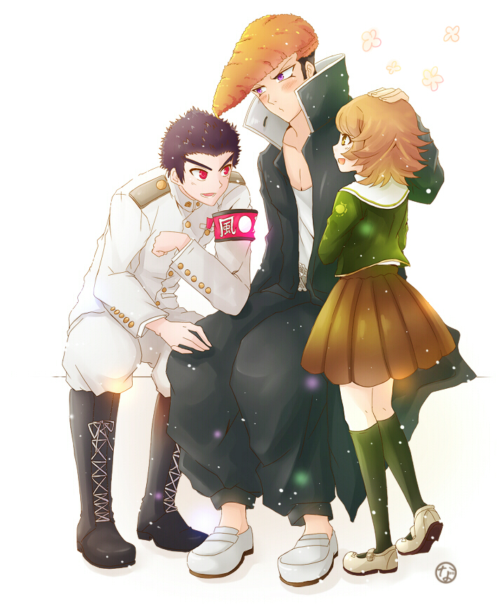 10s 3boys armband blush brown_eyes brown_hair crossdressing danganronpa_(series) danganronpa:_trigger_happy_havoc fujisaki_chihiro himitsu_(dark_nao) ishimaru_kiyotaka long_hair male_focus multiple_boys owada_mondo headpat purple_eyes red_eyes smile trap uniform