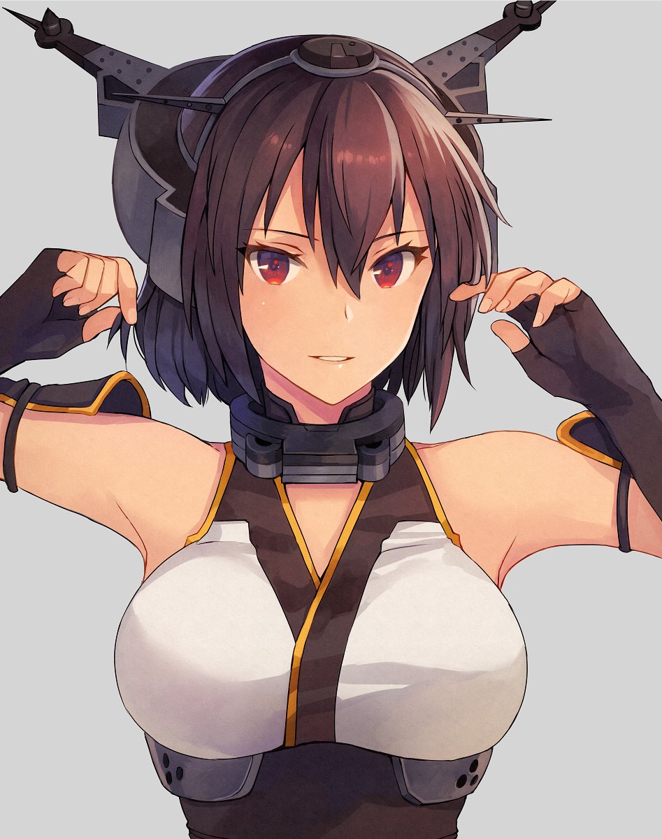 1girl alternate_hairstyle arms_up black_gloves black_hair gloves hair_between_eyes headgear highres kantai_collection kasumi_(skchkko) nagato_(kancolle) nagato_kai_ni_(kancolle) partially_fingerless_gloves red_eyes simple_background smile solo upper_body