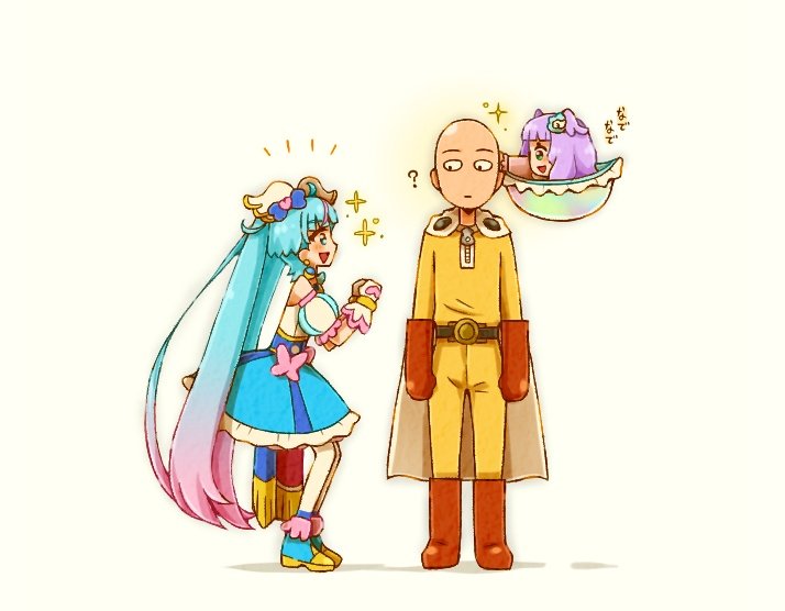 1boy 2girls :d aqua_eyes awestruck bald belt black_belt blue_dress blue_eyes blue_hair bodysuit boots bow brooch cape crossover cure_sky detached_sleeves dress earrings ellee-chan frilled_dress frills full_body gloves hair_bow hair_ornament heart heart_brooch hirogaru_sky!_precure jewelry long_hair looking_at_another magical_girl multiple_girls one-punch_man open_mouth own_hands_together pink_hair precure puffy_short_sleeves puffy_sleeves purple_hair saitama_(one-punch_man) short_sleeves simple_background smile sora_harewataru standing thighhighs twintails two_side_up very_long_hair white_background white_gloves white_thighhighs wing_hair_ornament yellow_bodysuit yuu13 zipper
