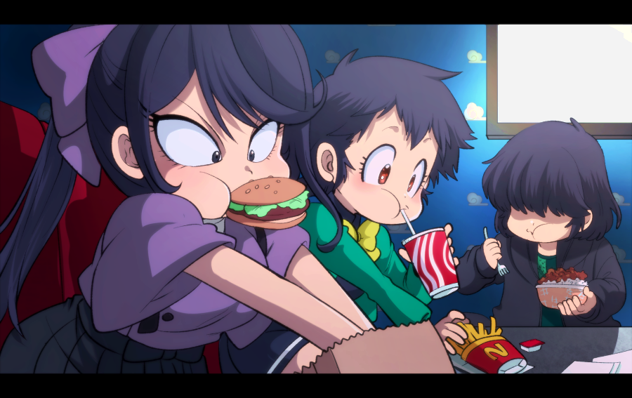 3girls breasts burger drink food grandaughter_of_goemon grandaughter_of_jigen grandaughter_of_lupin_iii long_hair lupin_iii marimo_(yousei_ranbu) medium_breasts multiple_girls ponytail short_hair small_breasts