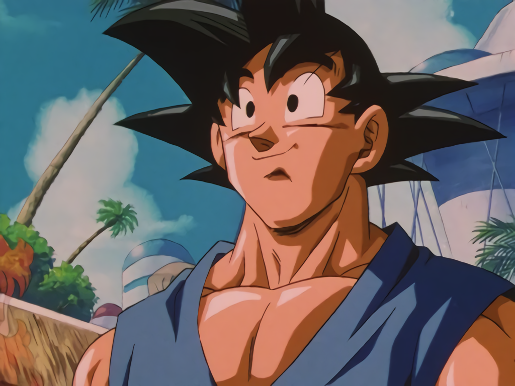 1boy black_eyes black_hair closed_mouth dragon_ball dragon_ball_gt ending goodbye muscular muscular_male pectorals saiyan scan smile son_goku source_request tagme