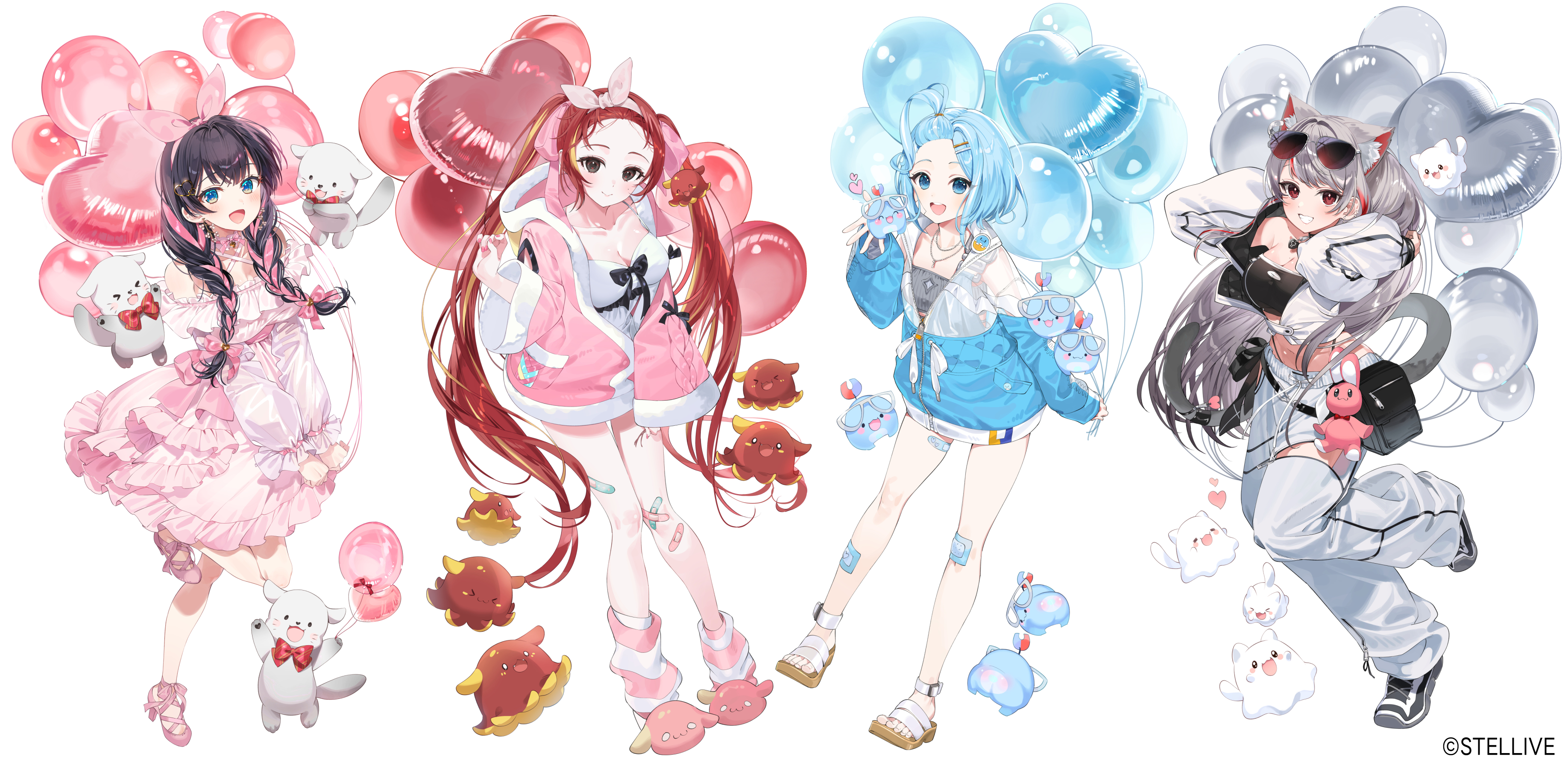 4girls a20_(atsumaru) absurdres akane_lize animal_ear_fluff animal_ears arahashi_tabi balloon belt_pouch black_footwear black_hair black_shirt blue_eyes blue_hair blue_jacket blush bob_cut bow braid breasts brown_eyes cat_ears cat_tail cleavage closed_mouth clothing_cutout commentary_request cowboy_shot crop_top dress dress_shoes earrings frilled_dress frills full_body grey_hair grey_shirt grin hair_bow hair_ornament hair_ribbon hairband heart heart_hair_ornament highres jacket jewelry korean_commentary layered_dress long_hair long_sleeves looking_at_viewer medium_breasts midriff mixed-language_commentary multiple_girls neneko_mashiro off-shoulder_dress off_shoulder official_art open_clothes open_jacket open_mouth pants pink_dress pink_jacket pink_ribbon pink_shoes pink_slippers pouch red_eyes red_hair ribbon sandals shirayuki_hina shirt shoes short_dress short_hair slippers small_breasts smile sneakers stellive strapless sunglasses tail teeth thigh_cutout tube_top twin_braids upper_teeth_only very_long_hair virtual_youtuber white_dress white_pants