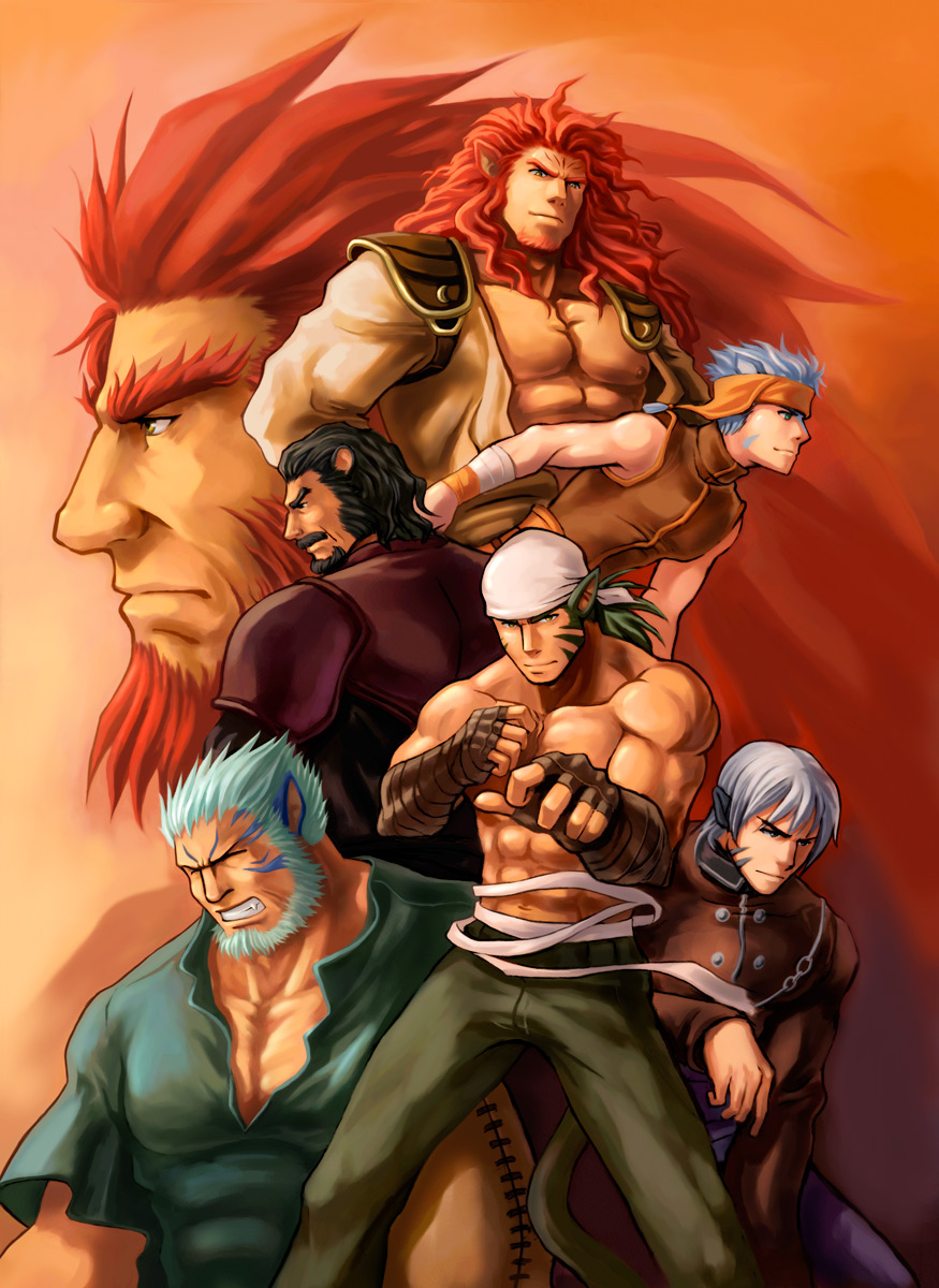 6+boys abs animal_ears bara bare_pectorals beard blue_hair caineghis_(fire_emblem) cat_boy cat_ears dark-skinned_male dark_skin facial_hair facial_mark fighting_stance fire_emblem fire_emblem:_path_of_radiance fire_emblem:_radiant_dawn giffca_(fire_emblem) goatee green_hair grey_hair highres kyza_(fire_emblem) laguz_(fire_emblem) large_pectorals lion_boy lion_ears long_hair male_focus mordecai_(fire_emblem) muarim_(fire_emblem) multiple_boys muscular muscular_male mustache nintendo nipples open_clothes pectorals ranulf_(fire_emblem) red_hair short_hair skrimir_(fire_emblem) tail thick_eyebrows tiger_boy tiger_ears topless_male zelo-lee