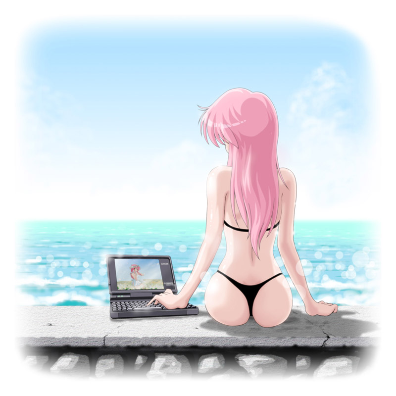 1girl ass back beach bikini black_bikini blue_sky blurry cloud computer day depth_of_field epson from_behind computer_keyboard kuninin laptop long_hair ocean original outdoors panties pink_hair sitting skindentation sky swimsuit thong_bikini underwear