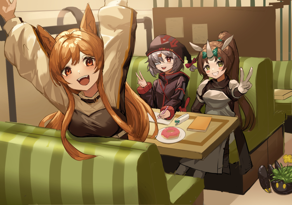 3girls :d animal_ears arknights armor arms_up black_hat blush_stickers book bow breasts brown_eyes brown_hair bubble_(arknights) ceobe_(arknights) chou_oji commentary_request dog_ears dog_girl donut eyepatch fangs flower food gloves green_bow green_eyes grey_hair grin hair_ornament hand_up hat high_ponytail holding holding_pencil horn_bow horn_ornament horns long_hair long_sleeves looking_at_viewer mechanical_pencil medical_eyepatch multiple_girls notebook open_book open_mouth peacake_(arknights) pencil plate ponytail popukar_(arknights) rabbit_hair_ornament rhinoceros_ears rhinoceros_girl single_horn sitting smile table teeth upper_teeth_only v white_gloves writing yellow_flower