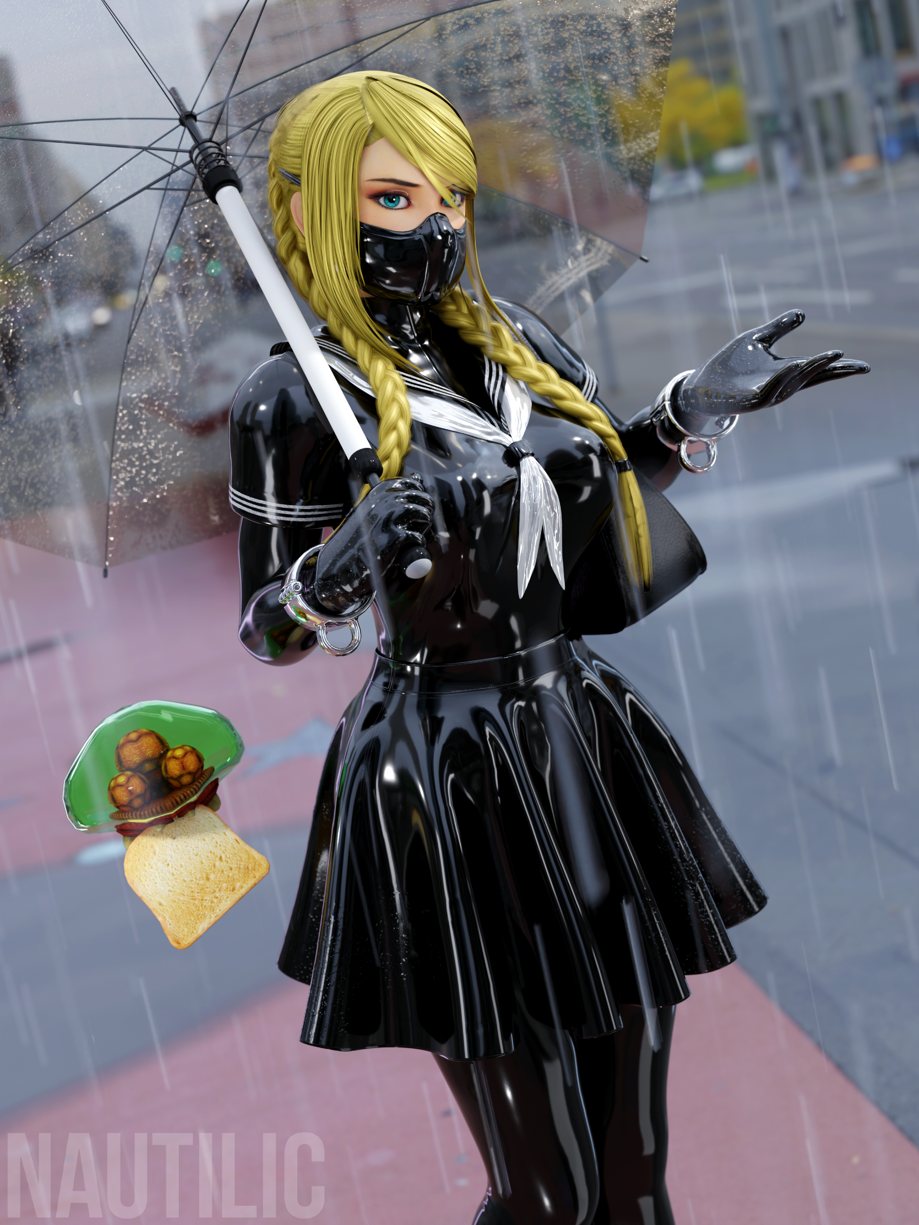 1girl 3d absurdres alternate_costume alternate_hairstyle bag black_bodysuit black_sailor_collar black_serafuku black_skirt blonde_hair blue_eyes bodysuit bodysuit_under_clothes braid bread bread_slice breasts cuffs food highres large_breasts latex latex_bodysuit latex_serafuku latex_skirt long_hair looking_at_viewer mask metroid metroid_(creature) metroid_larva mouth_mask nautilic nintendo outdoors rain sailor_collar samus_aran school_uniform serafuku shiny_clothes shoulder_bag skin_tight skirt standing twin_braids umbrella