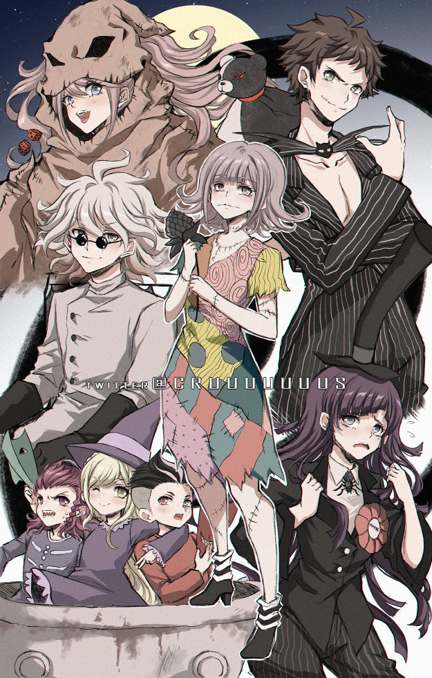 ahoge black_headwear brown_hair cosplay criis-chan danganronpa:_trigger_happy_havoc danganronpa_(series) danganronpa_2:_goodbye_despair dress enoshima_junko halloween_costume hat hinata_hajime jack_skellington jack_skellington_(cosplay) jacket komaeda_nagito mask messy_hair monokuma moon nanami_chiaki no_hair_ornament oogie_boogie oogie_boogie_(cosplay) outdoors pants short_hair short_sleeves smile soda_kazuichi sonia_nevermind striped_clothes striped_jacket striped_pants sunglasses tanaka_gundham the_nightmare_before_christmas top_hat tsumiki_mikan twitter_username unworn_mask