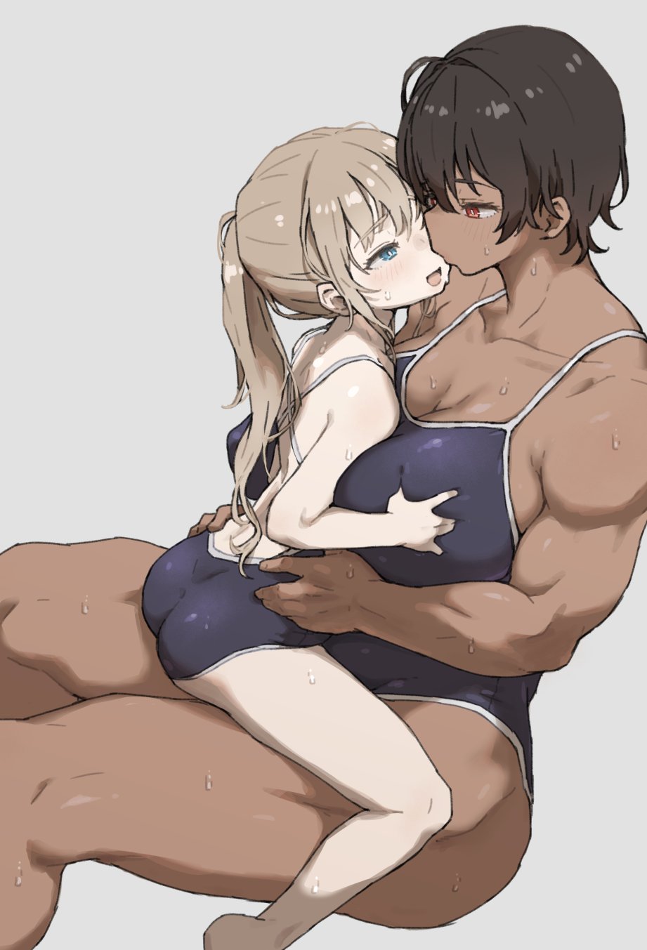 2girls blonde_hair blue_eyes breasts brown_hair carrying carrying_person competition_school_swimsuit dark-skinned_female dark_skin girl_on_top gym_uniform height_difference highres kei_(m_k) large_breasts long_hair m_k multiple_girls original ponytail red_eyes rika_(m_k) school_swimsuit short_hair size_difference spread_legs straddling sweat swimsuit tall_female tan tomboy upright_straddle wife_and_wife yuri