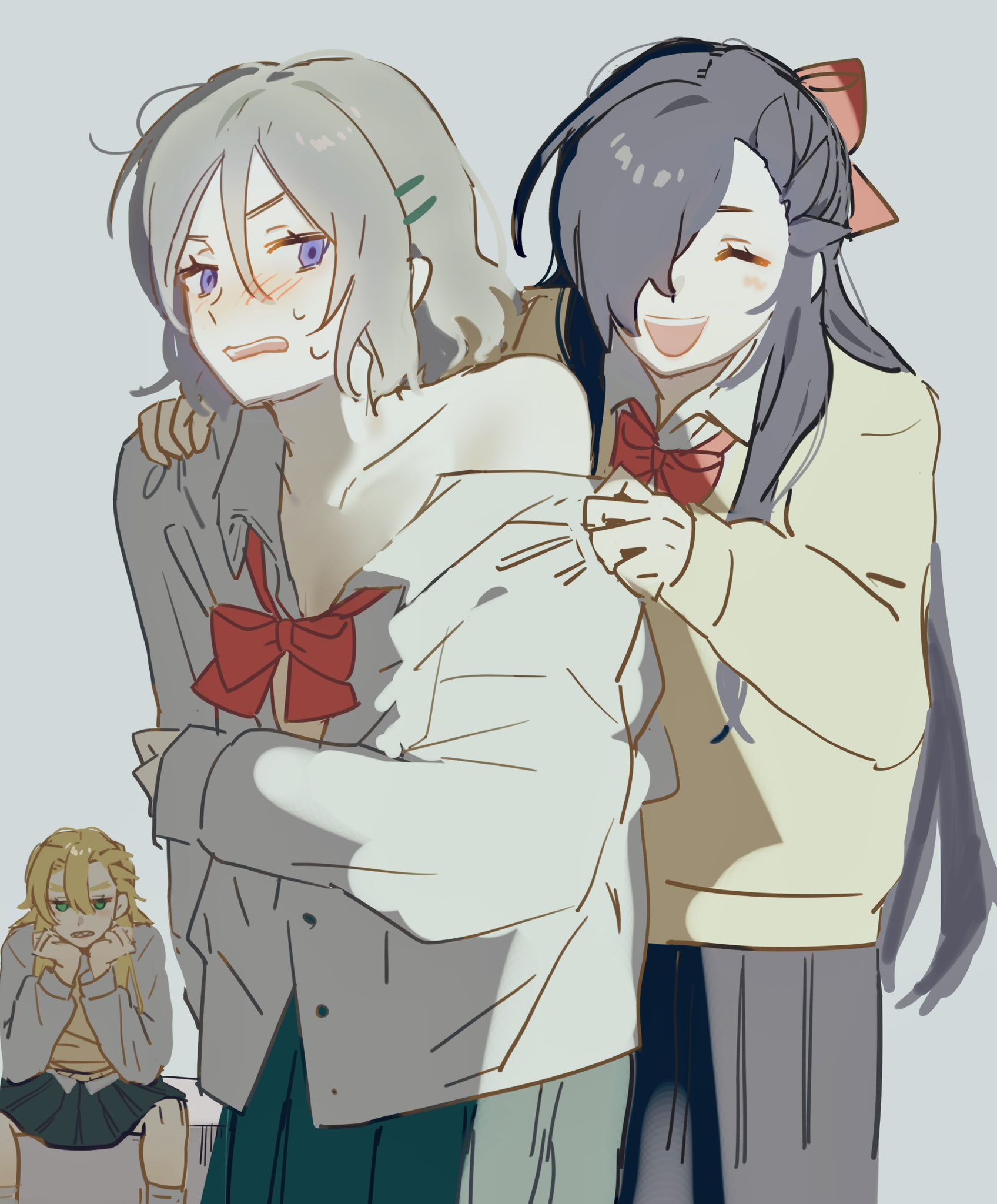 3boys :d ^_^ adjusting_another&#039;s_clothes adjusting_clothes alternate_costume black_hair black_skirt blonde_hair blue_eyes blush bow bowtie cardigan closed_eyes collared_shirt commentary_request crossdressing dressing dressing_another embarrassed garfiel_tinsel green_eyes green_skirt grey_hair hair_between_eyes hair_bow hair_ornament hair_over_one_eye hairclip highres long_hair long_sleeves looking_at_another male_focus mo_so_010 multiple_boys natsuki_subaru natsumi_schwarz open_mouth otto_suewen pleated_skirt re:zero_kara_hajimeru_isekai_seikatsu red_bow school_uniform sharp_teeth shirt short_hair sidelocks simple_background single_bare_shoulder sitting skirt smile spread_legs sweater_vest teeth trap upper_teeth_only very_long_hair white_shirt wing_collar yellow_cardigan yellow_sweater_vest
