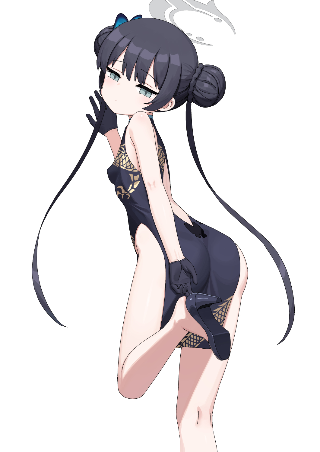 1girl back_cutout black_dress black_footwear black_hair blue_archive braid braided_bun breasts butterfly_hair_ornament china_dress chinese_clothes clothing_cutout double_bun dragon_print dress female_focus from_behind grey_eyes hair_bun hair_ornament halo heijialan high_heels highres kisaki_(blue_archive) looking_at_viewer looking_back medium_breasts pelvic_curtain print_dress side_slit simple_background sleeveless sleeveless_dress solo standing twintails