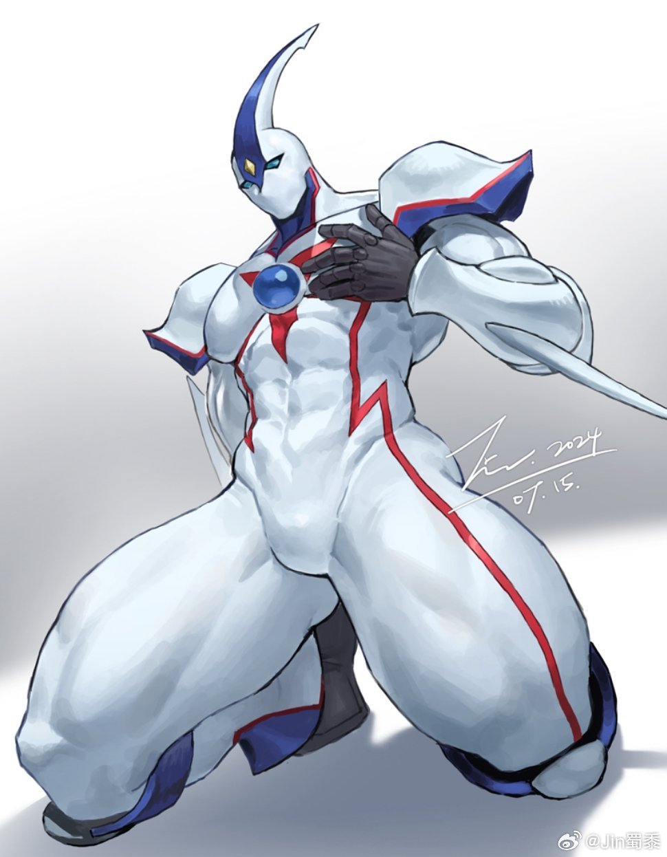 1boy bara bulge covered_abs duel_monster elemental_hero_neos full_body hand_on_own_chest highres jin_(sirius-j) kneeling large_pectorals looking_at_viewer male_focus muscular muscular_male pectorals solo superhero_costume thick_thighs thighs yu-gi-oh! yu-gi-oh!_gx