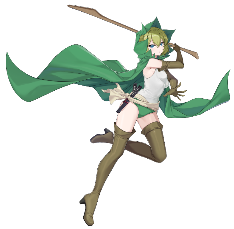 1girl alpha_transparency blue_eyes boots breasts brown_boots brown_gloves buruma cape commentary counter:side dungeon_ni_deai_wo_motomeru_no_wa_machigatteiru_darou_ka elbow_gloves english_commentary floating_cape full_body gloves green_buruma green_cape green_hair hair_between_eyes hand_up high_heel_boots high_heels holding holding_sword holding_weapon hood hood_up hooded_cape kodachi leg_up looking_at_viewer medium_hair official_art ryu_lion sheath sheathed short_sword simple_background solo standing sword tachi-e tank_top thigh_boots transparent_background weapon white_tank_top wooden_sword