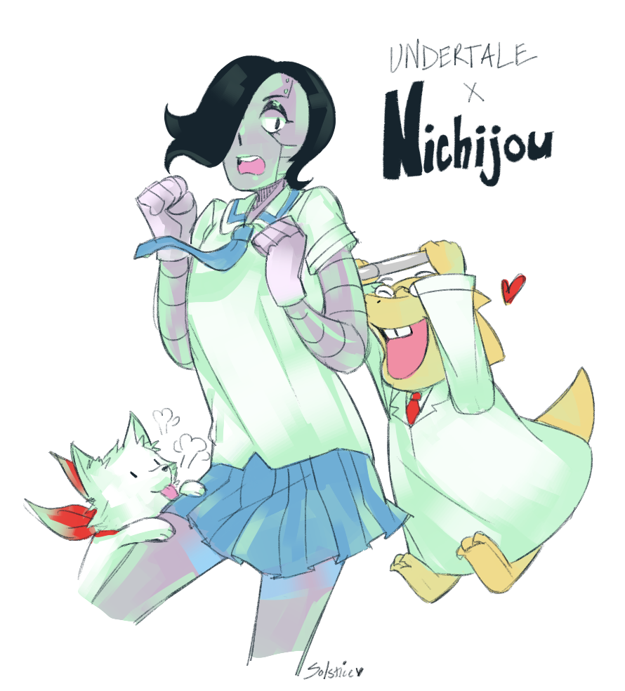 1boy 1girl alphys android annoying_dog bad_id bad_pixiv_id black_hair copyright_name cosplay crossdressing dog hair_over_one_eye mettaton mettaton_ex monster_girl nichijou open_mouth parody pleated_skirt professor_shinonome professor_shinonome_(cosplay) sakamoto_(nichijou) sakamoto_(nichijou)_(cosplay) scarf school_uniform serafuku shinonome_nano shinonome_nano_(cosplay) skirt tokisadame_school_uniform undertale venusianpeach winding_key