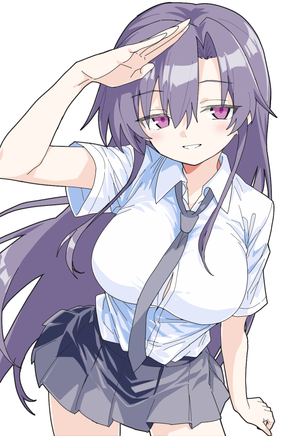 1girl blush breasts collared_shirt goshiki_agiri hair_between_eyes highres kill_me_baby large_breasts long_hair looking_at_viewer matuo3232 necktie pleated_skirt purple_eyes purple_hair salute shirt simple_background skirt smile solo white_background white_shirt