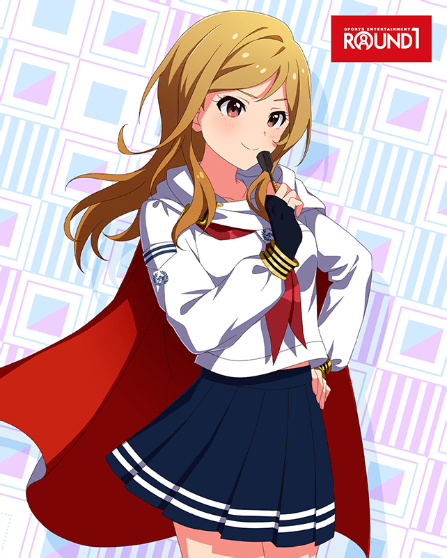 1girl blue_skirt brown_hair cape card_(medium) dart english_text fingerless_gloves gloves idol_heroes_(idolmaster) idolmaster idolmaster_million_live! idolmaster_million_live!_theater_days momose_rio official_art pleated_skirt red_eyes round_one school_uniform serafuku skirt smile solo
