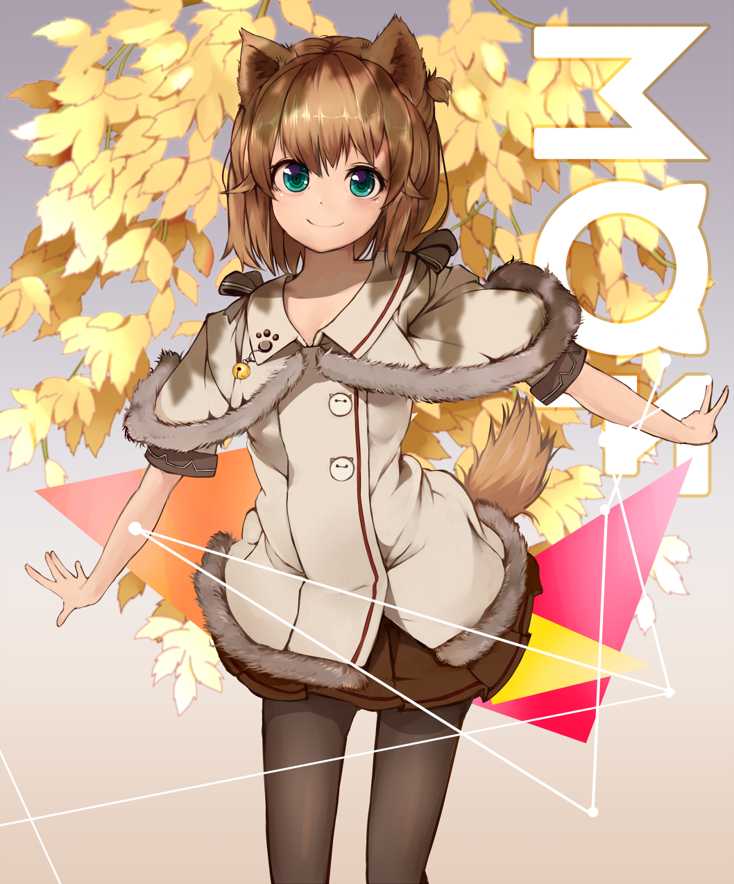 1girl animal_ears autumn_leaves bell black_pantyhose blue_eyes brown_hair brown_skirt cat_ears dog_ears dog_tail female_focus fur_trim highres jacket jingle_bell leaf looking_at_viewer original pantyhose radiosity_(yousei) skirt smile solo standing tail v