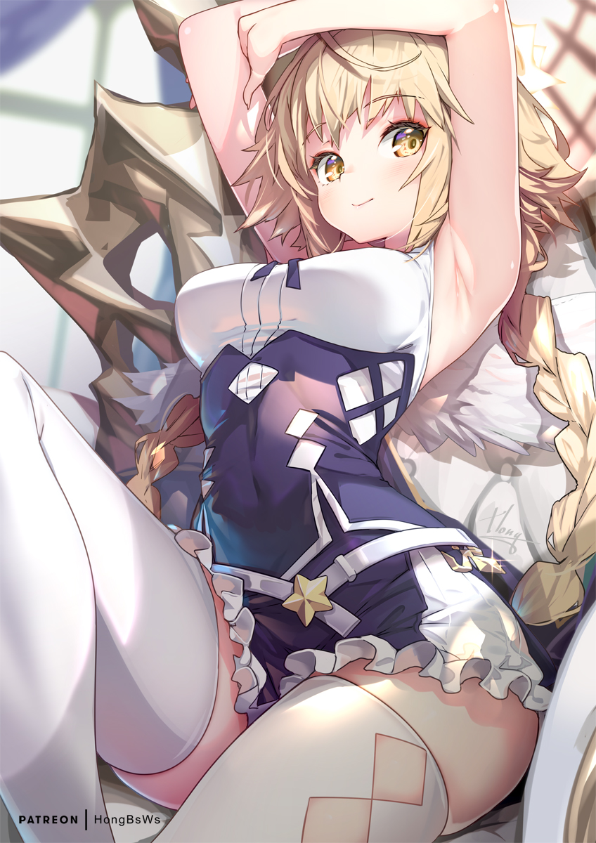 1girl armpits blonde_hair braid breasts closed_mouth commentary_request fate/grand_order fate_(series) highres hong_(white_spider) jeanne_d&#039;arc_(fate) long_hair looking_at_viewer medium_breasts metatron_jeanne_(fate) metatron_jeanne_(first_ascension)_(fate) patreon_username sitting solo thighhighs thighs twin_braids white_thighhighs yellow_eyes zettai_ryouiki