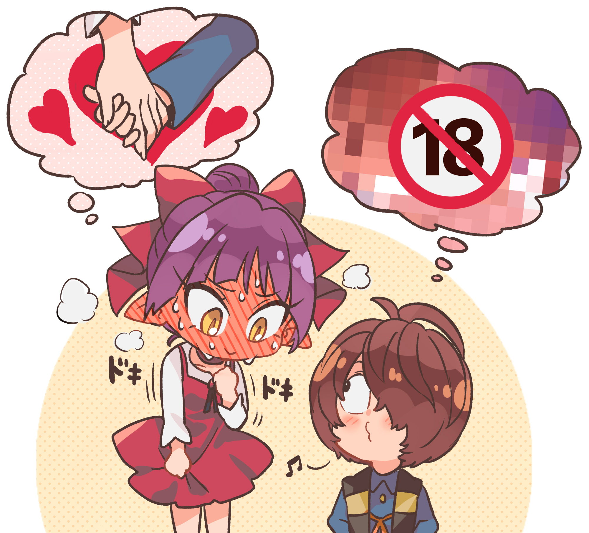 1boy 1girl another_ship_dynamic_i_enjoy_(meme) blush brown_hair censored commentary_request embarrassed full-face_blush gegege_no_kitarou hair_over_one_eye height_difference hetero highres holding_hands kitarou meme mosaic_censoring nekomusume nekomusume_(gegege_no_kitarou_6) o3o purple_hair short_hair silanduqiaocui speech_bubble sweat thought_bubble whistle yellow_eyes