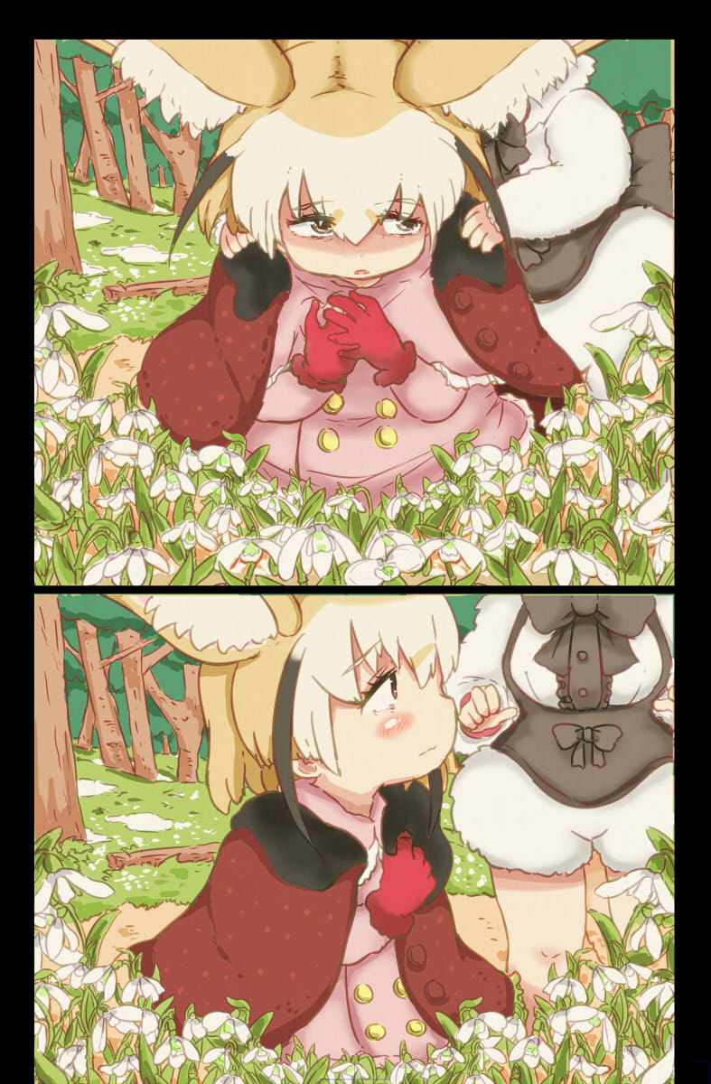 2girls alternate_costume animal_ears anteater_tail black_bow blonde_hair blush bow brown_eyes center_frills coat feet_out_of_frame fennec_(kemono_friends) flower flowerbed fox_ears fox_girl fox_tail frills fur_collar gloves grass head_out_of_frame highres kemono_friends lilybell lilybell_(flower) long_sleeves multicolored_hair multiple_girls pink_coat puffy_long_sleeves puffy_sleeves red_coat red_gloves sad shimanoji shirt shorts silky_anteater_(kemono_friends) snow squatting tail tree two-tone_hair white_shirt white_shorts