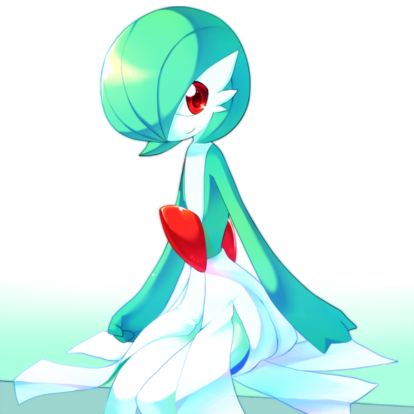 bob_cut dress gardevoir gen_3_pokemon gradient_background green_hair hair_over_one_eye looking_at_viewer nintendo pokemon pokemon_(creature) red_eyes simple_background sitting smile tanpopo_hayabusa-maru white_dress