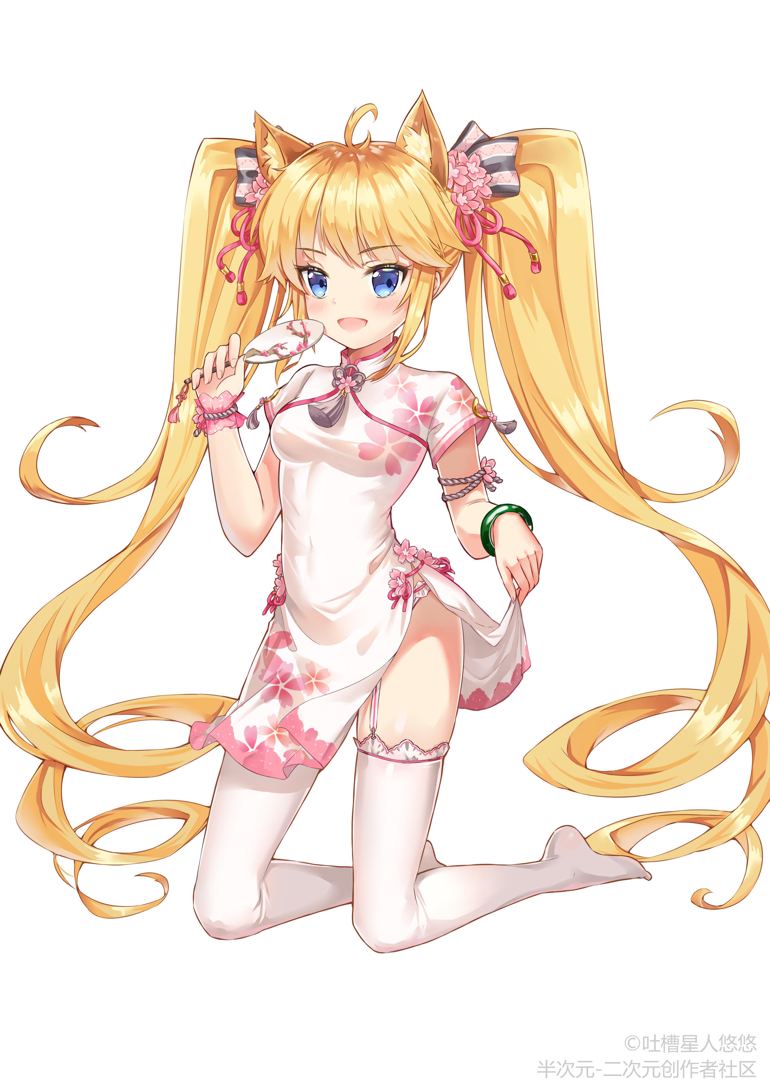 1girl absurdres andrea_doria_(warship_girls_r) animal_ears blonde_hair blue_eyes blush breasts cat_ears chinese_text female_focus full_body hair_ornament hand_fan highres kneeling long_hair looking_at_viewer no_shoes skirt_hold small_breasts solo table thighhighs traditional_chinese_text twintails warship_girls_r