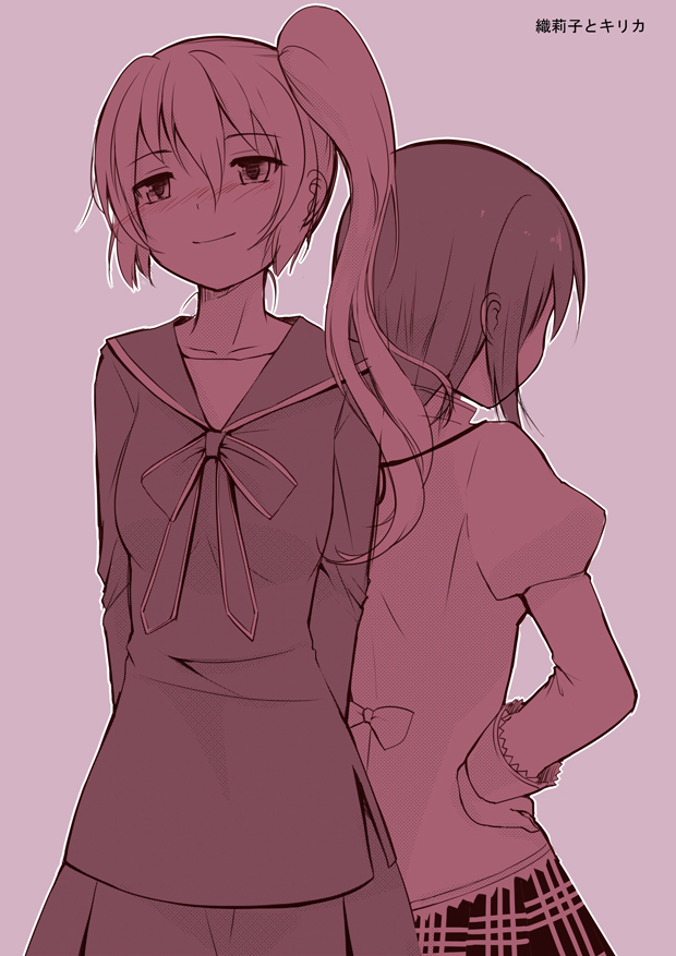 10s 2girls bad_id bad_pixiv_id jing_hu kure_kirika mahou_shoujo_madoka_magica mahou_shoujo_oriko_magica mikuni_oriko monochrome multiple_girls school_uniform serafuku shiraha_private_academy_school_uniform side_ponytail