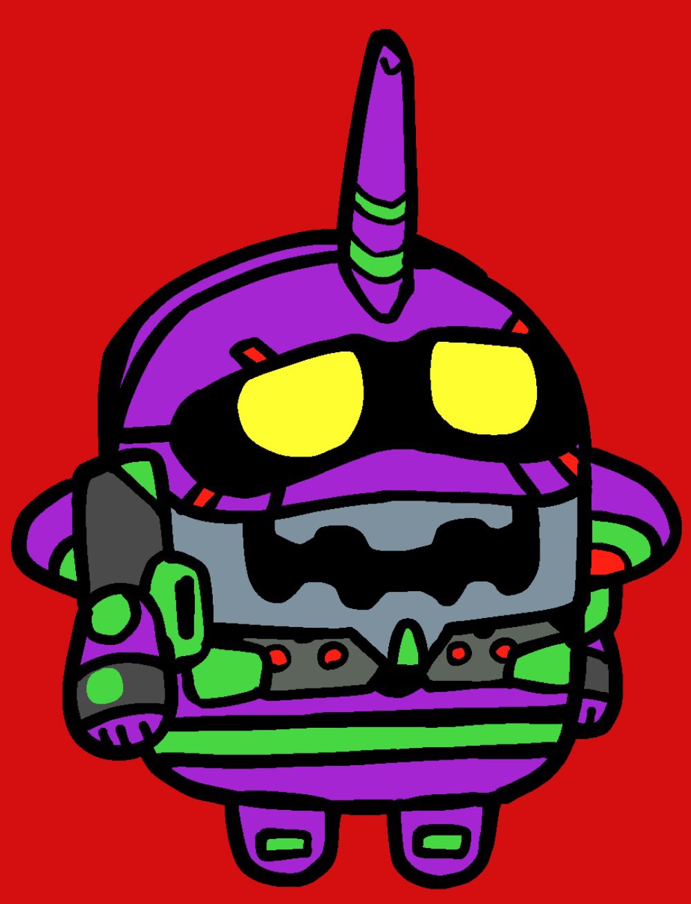 arms_at_sides bkub chibi chibi_only eva_01 evangelion_(mecha) highres horns legs_apart mecha mecha_focus neon_genesis_evangelion no_humans red_background robot simple_background single_horn solo standing yellow_eyes