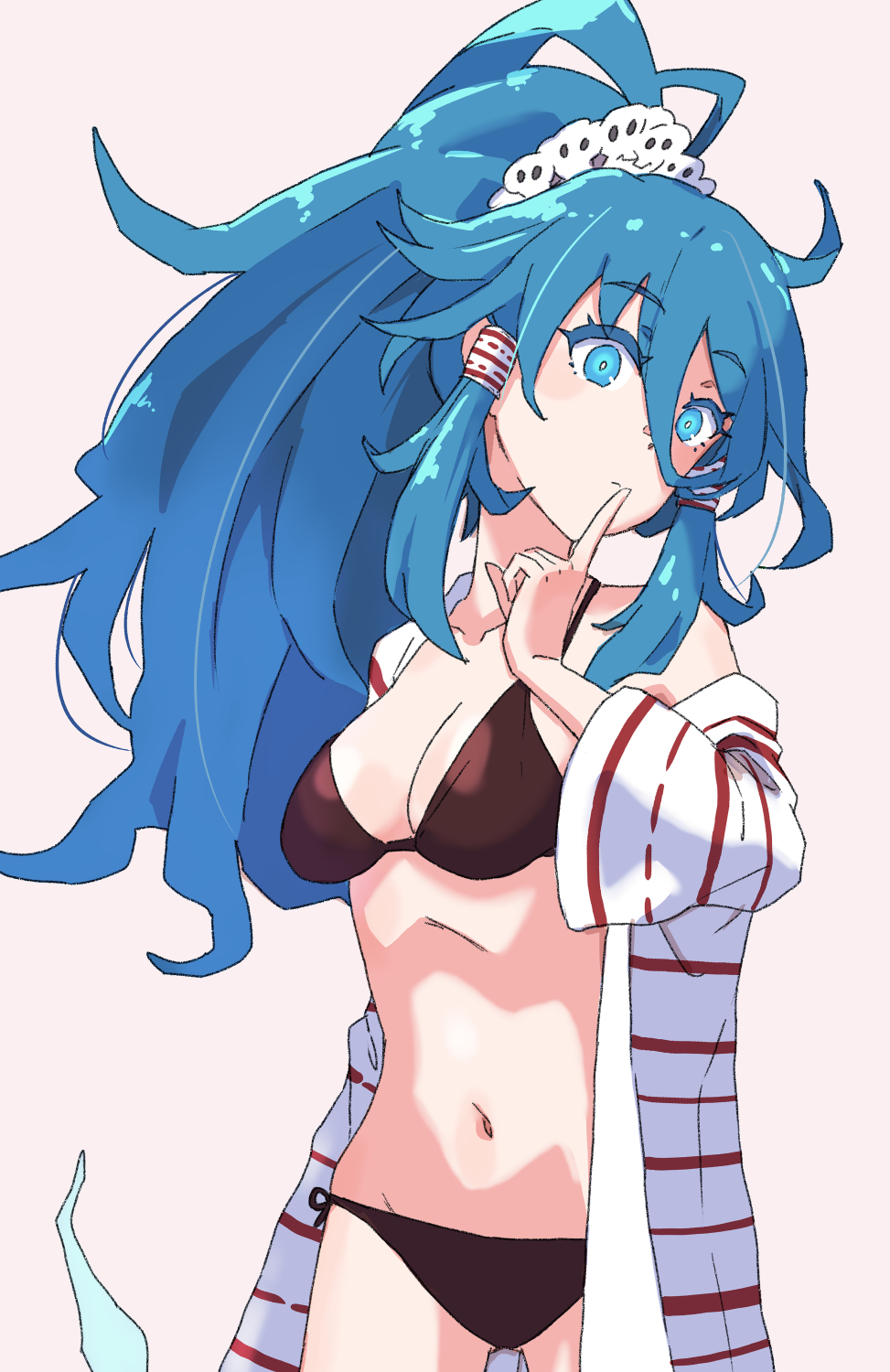 1girl bikini black_bikini blue_eyes blue_hair breasts cleavage closed_mouth commentary_request cowboy_shot finger_to_mouth hair_ornament hair_tubes highres index_finger_raised jack_(wkm74959) long_hair looking_at_viewer medium_breasts miyadeguchi_mizuchi navel one-hour_drawing_challenge pink_background ponytail sidelocks simple_background skull_hair_ornament solo striped_clothes swimsuit touhou