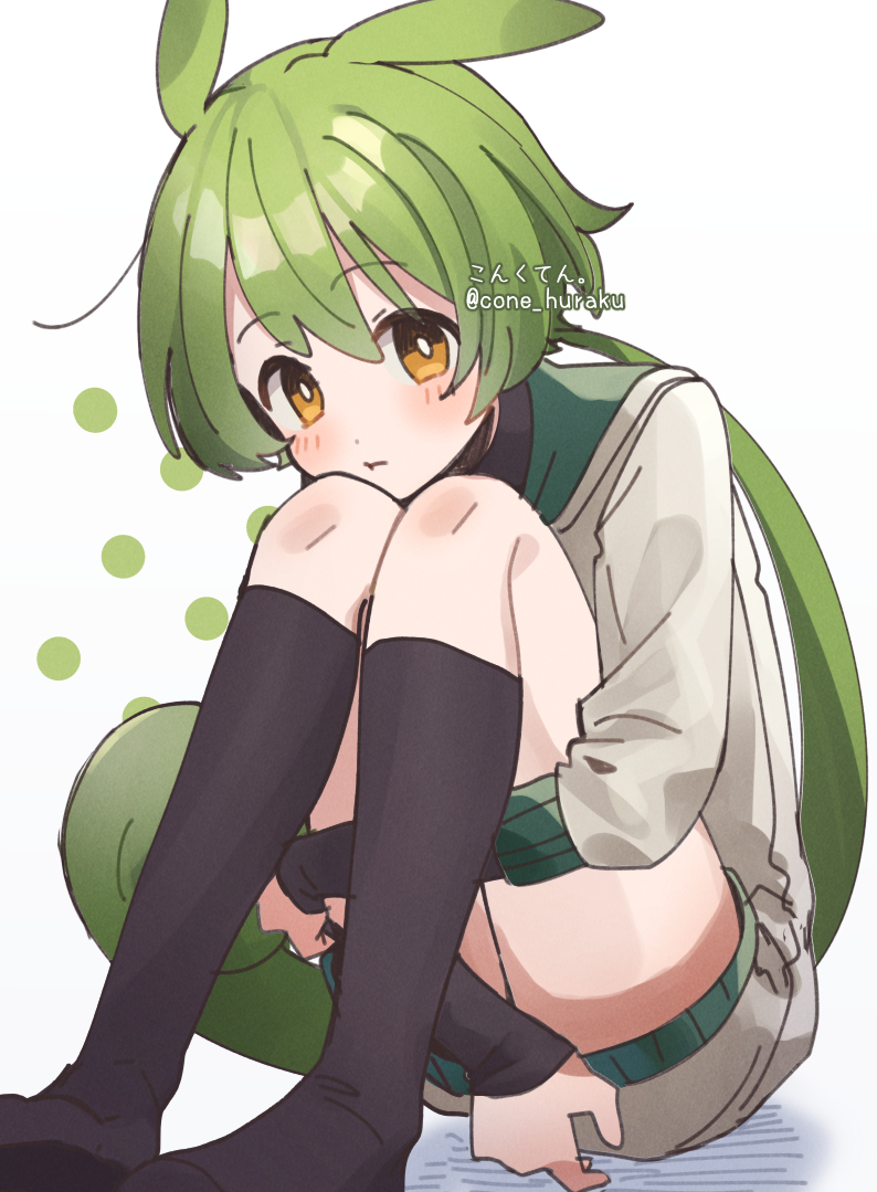 1girl :t artist_name black_socks blush bright_pupils commentary_request corn_kuten full_body green_hair grey_shirt grey_shorts kneehighs long_hair no_shoes shirt shorts sketch socks solo thighs twitter_username voicevox white_pupils white_shirt yellow_eyes zundamon