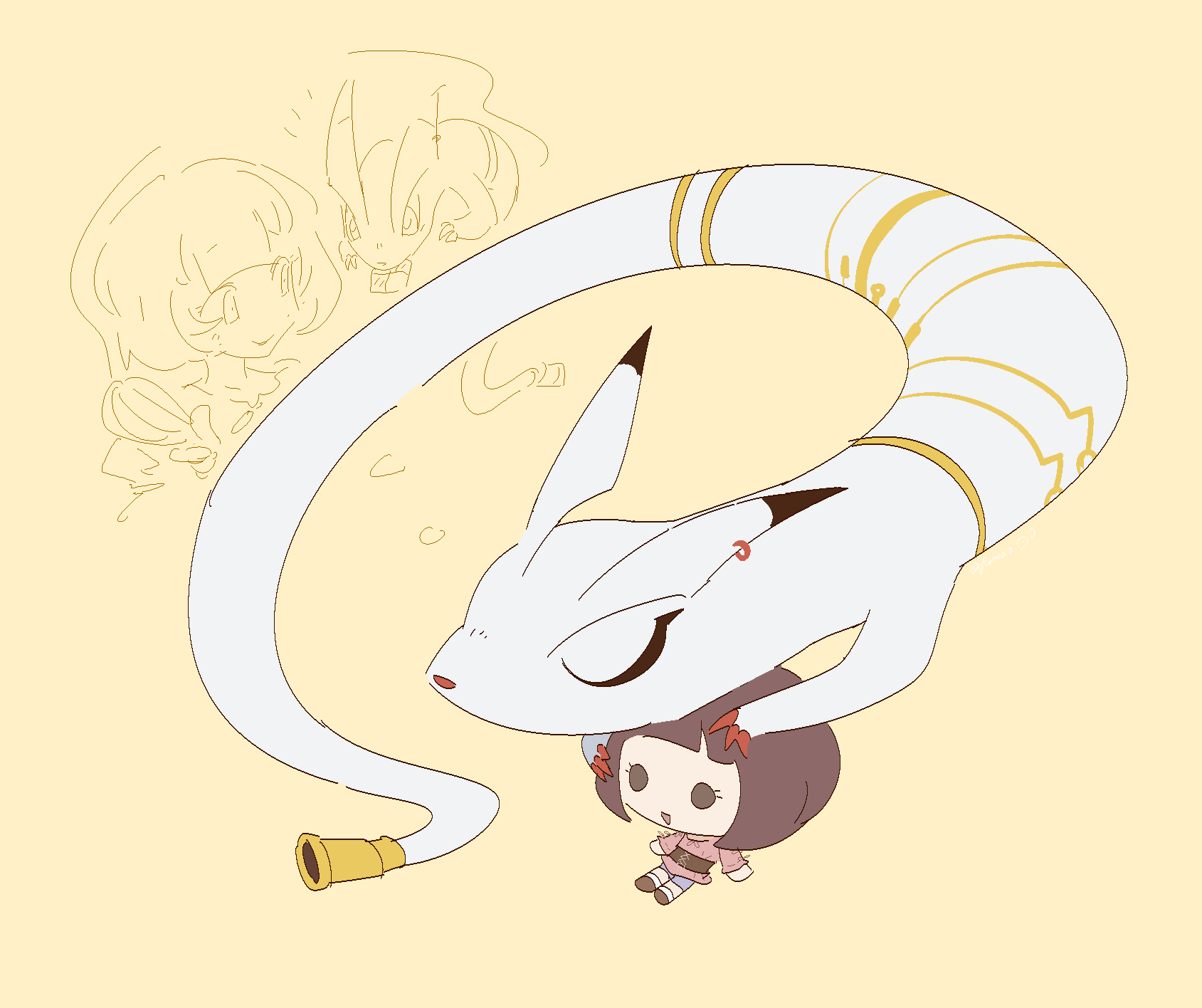 brown_eyes brown_hair closed_eyes digimon digimon_rearise doll earrings highres jewelry kohinata_mayu kudamon_(digimon_savers) short_hair tail